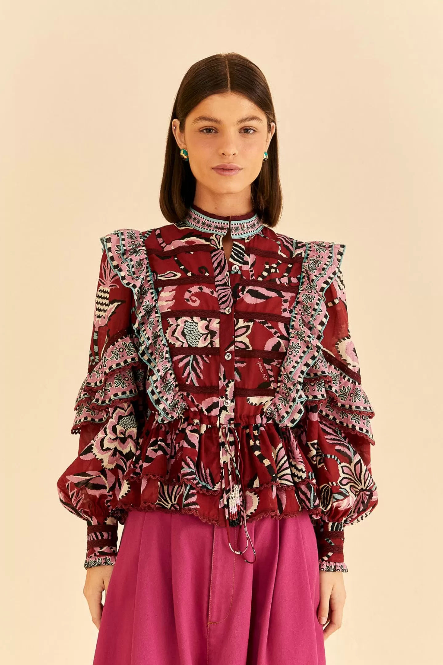 FARM Rio  BURGUNDY PINEAPPLE INSPIRATION RUFFLE BLOUSE