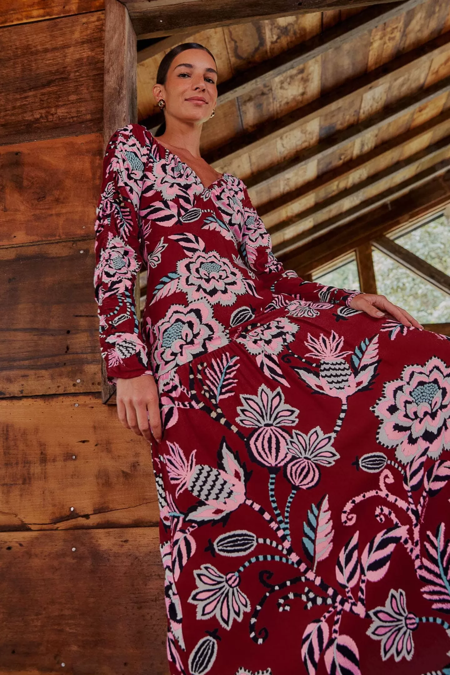 FARM Rio  BURGUNDY PINEAPPLE INSPIRATION V NECK MAXI DRESS