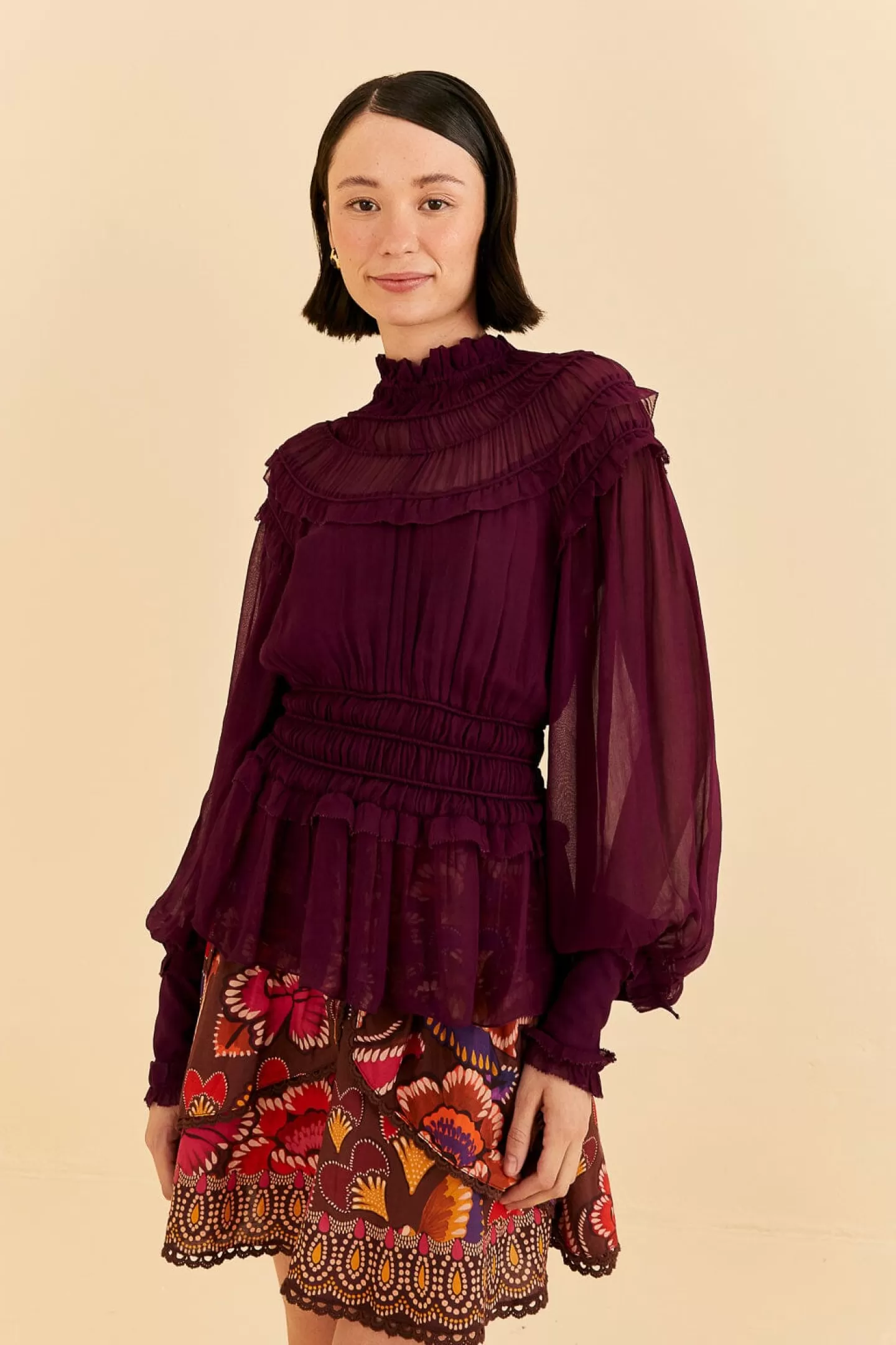 FARM Rio  BURGUNDY RUFFLE HIGH NECK BLOUSE