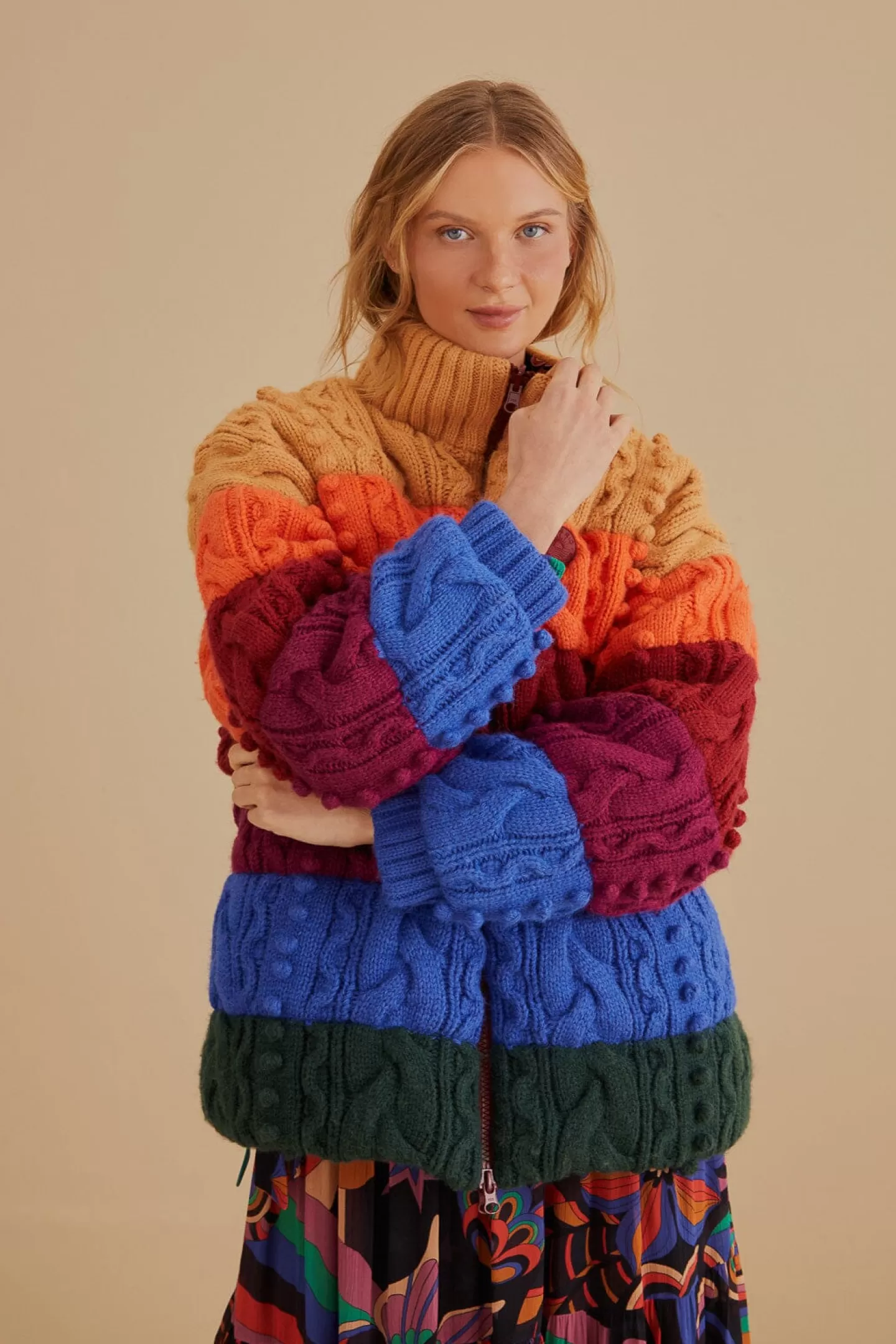 FARM Rio  COLORFUL STRIPES KNIT REVERSIBLE PUFFER JACKET