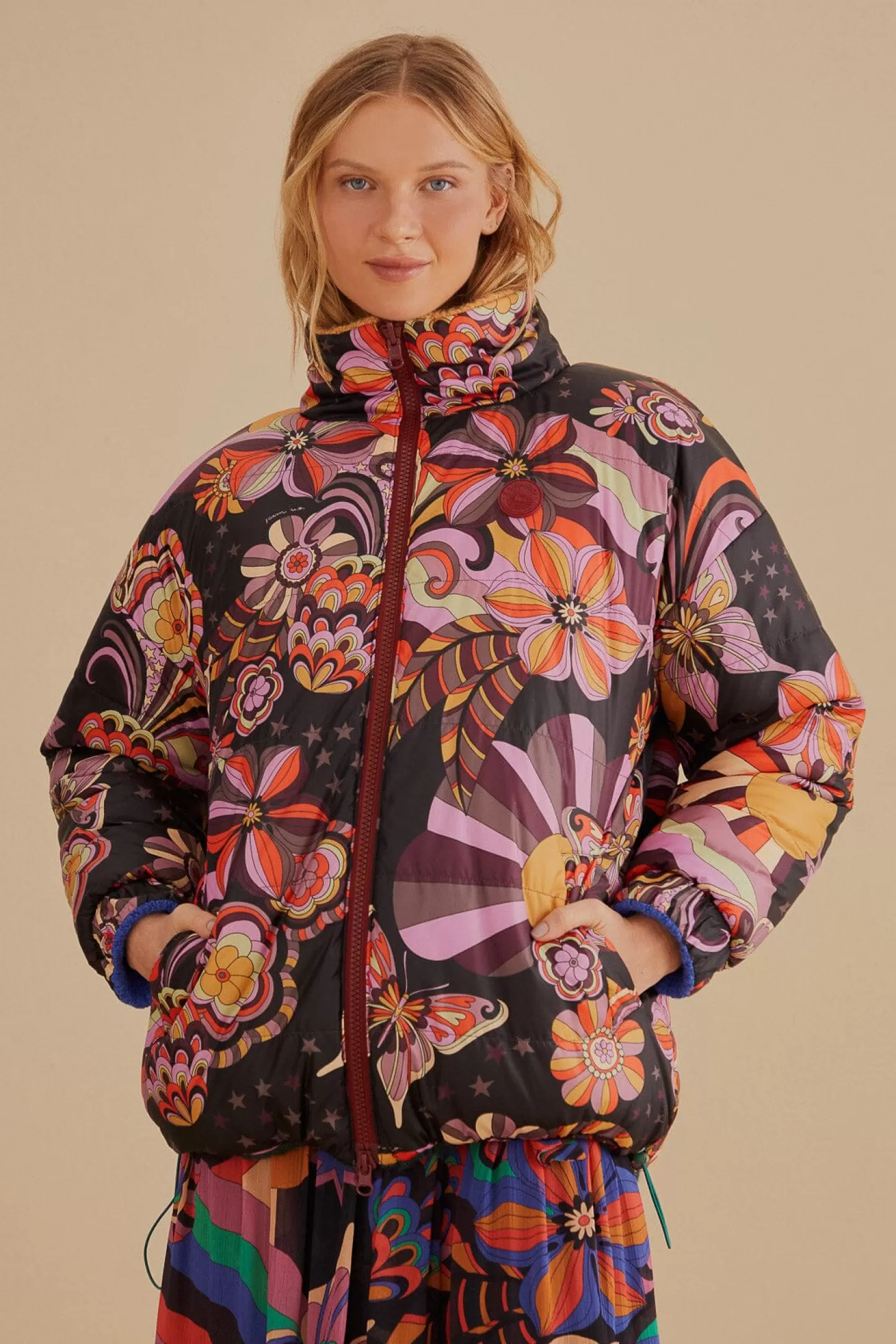 FARM Rio  COLORFUL STRIPES KNIT REVERSIBLE PUFFER JACKET