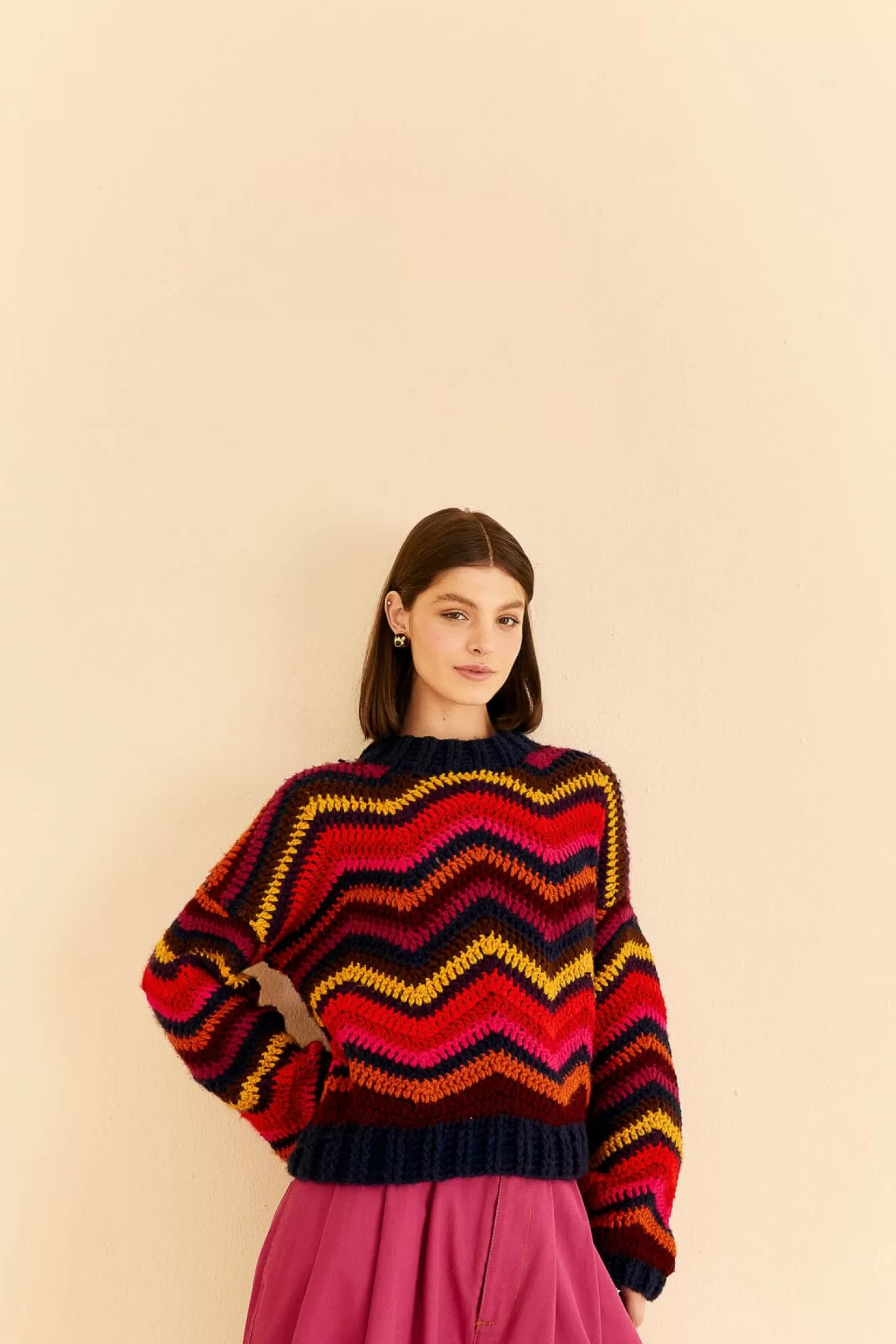 FARM Rio  COLORFUL WAVES CROCHET HIGH NECK SWEATER