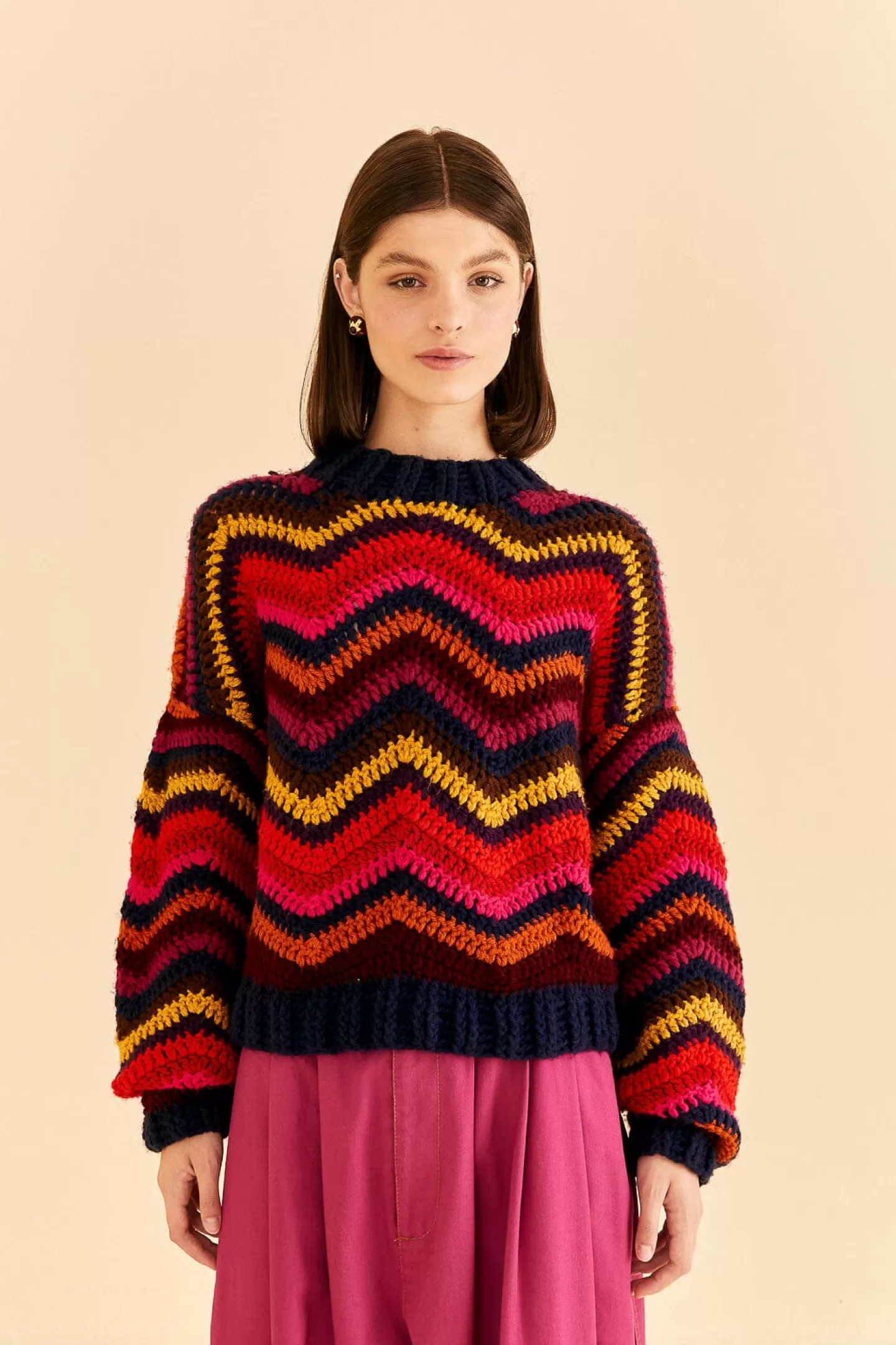 FARM Rio  COLORFUL WAVES CROCHET HIGH NECK SWEATER
