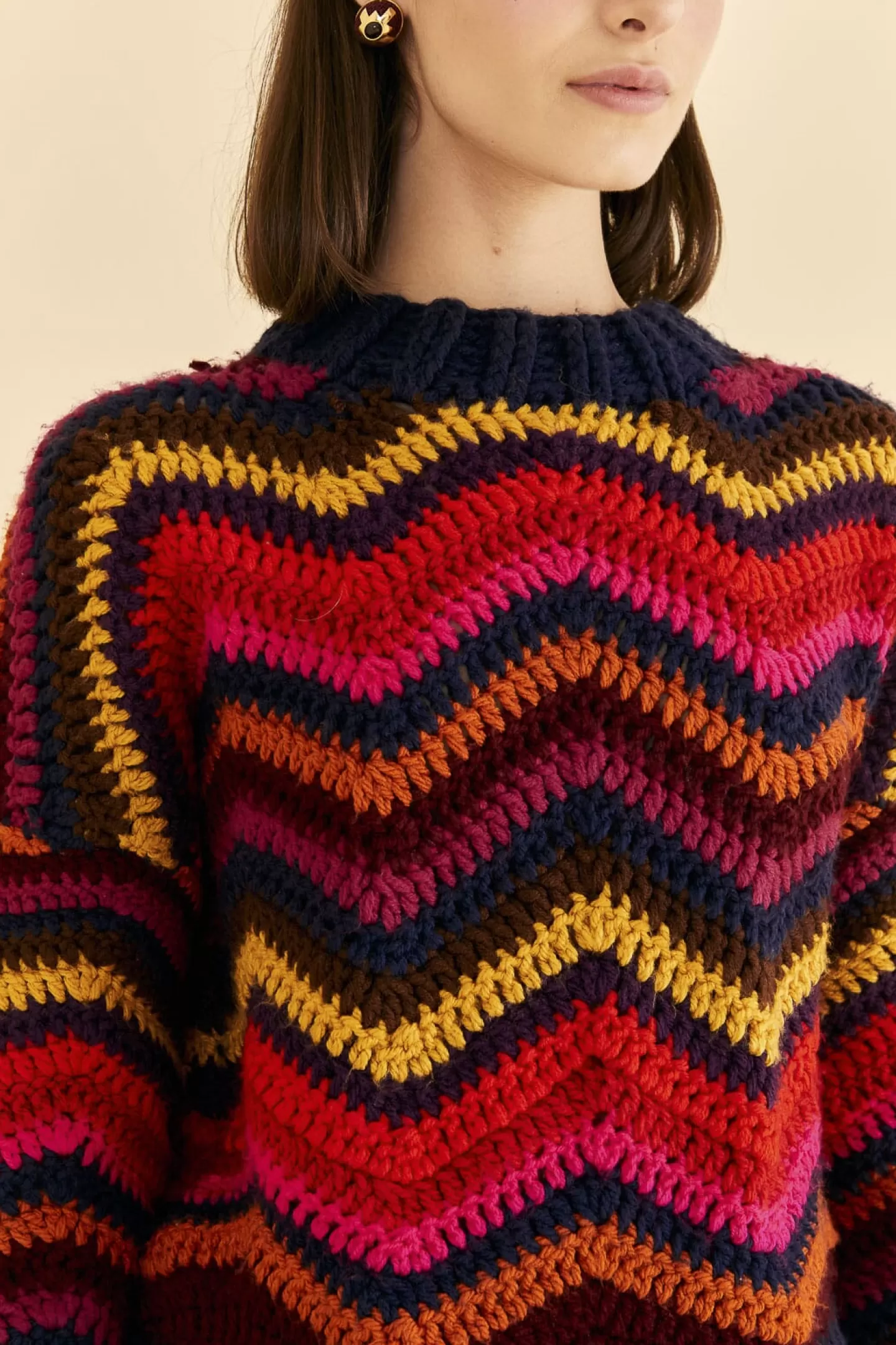 FARM Rio  COLORFUL WAVES CROCHET HIGH NECK SWEATER