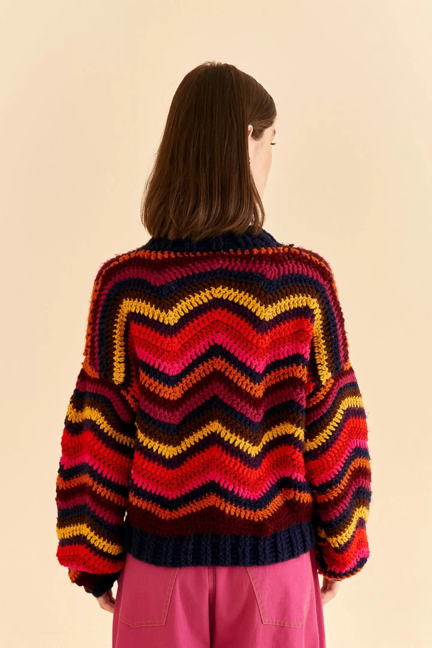 FARM Rio  COLORFUL WAVES CROCHET HIGH NECK SWEATER