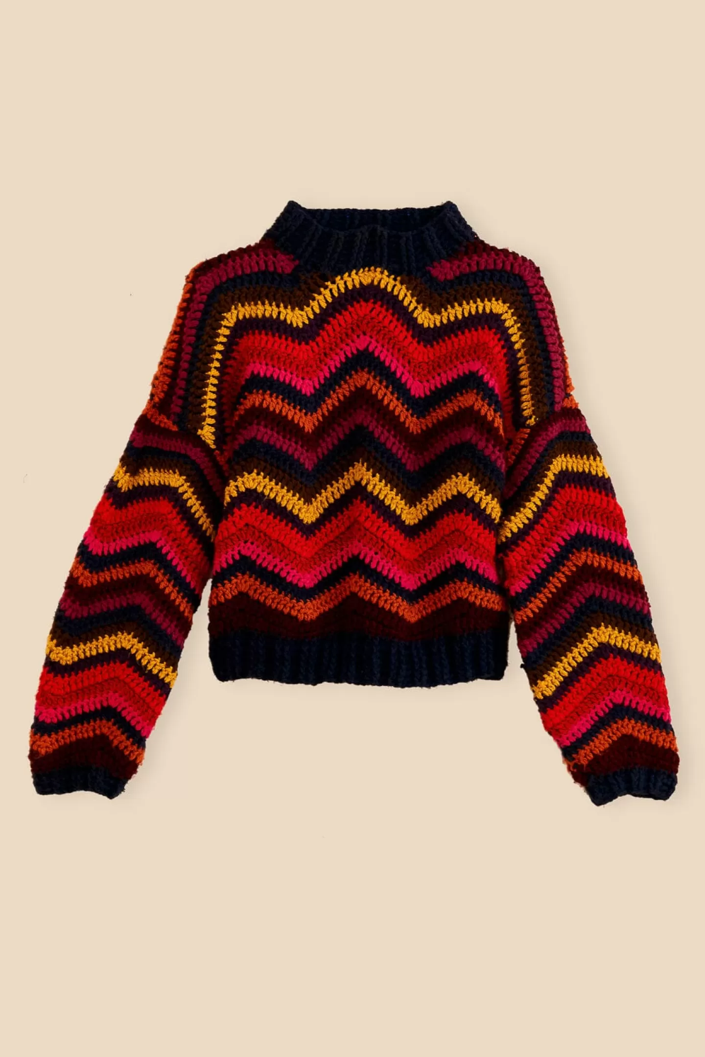 FARM Rio  COLORFUL WAVES CROCHET HIGH NECK SWEATER