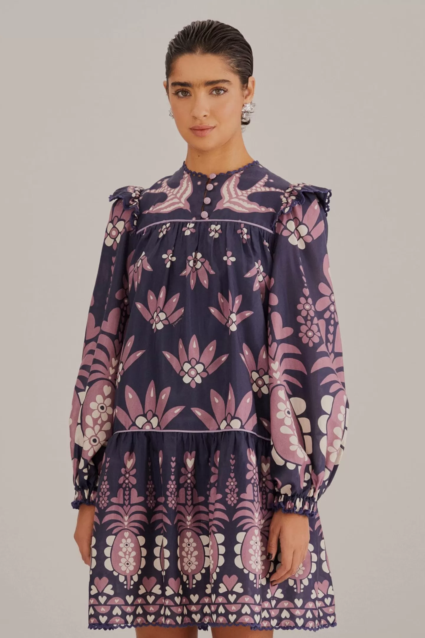 FARM Rio  DARK BLUE AINIKA MARTINA LONG SLEEVE MINI DRESS