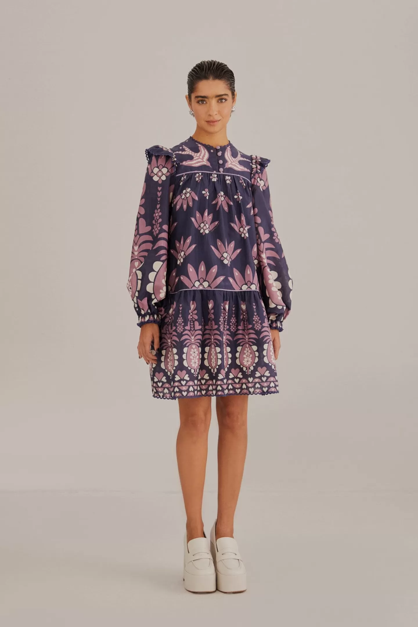 FARM Rio  DARK BLUE AINIKA MARTINA LONG SLEEVE MINI DRESS