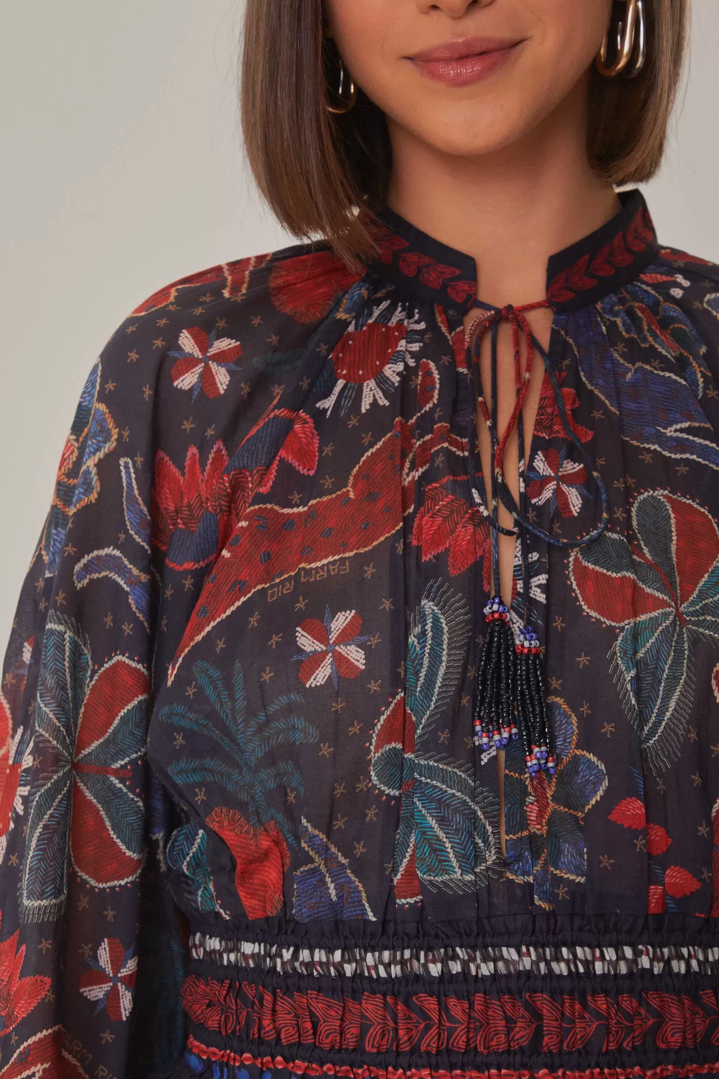 FARM Rio  DARK BLUE TROPICAL SHINE V NECK BLOUSE