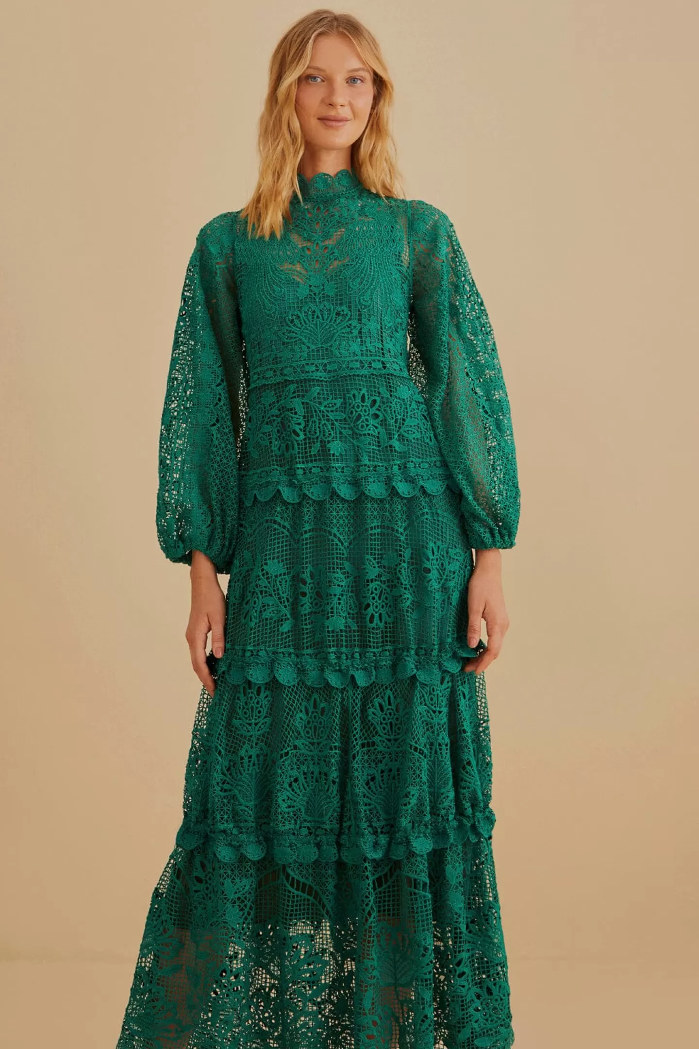 FARM Rio  DARK GREEN GUIPURE LONG SLEEVE MAXI DRESS