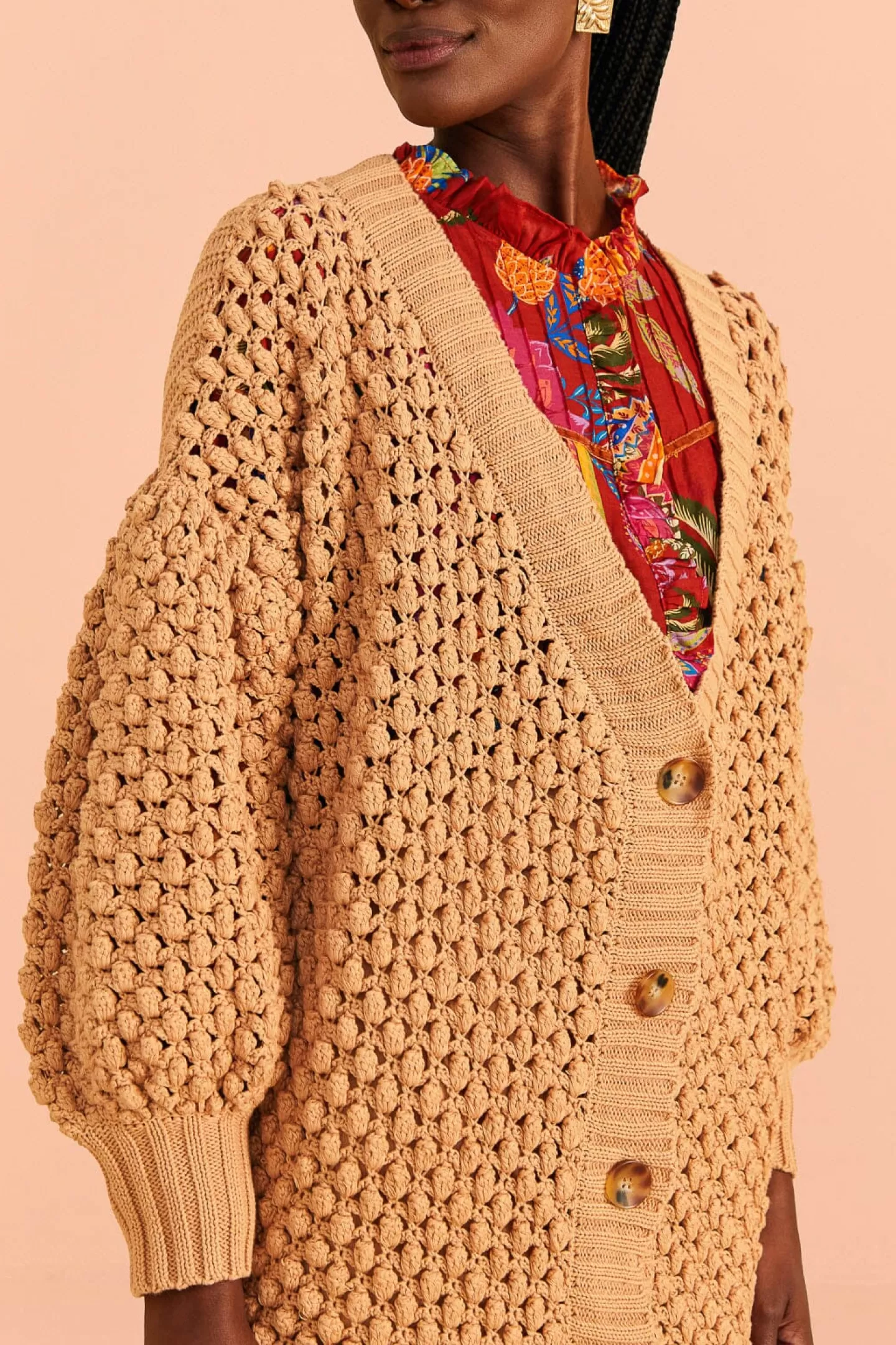 FARM Rio  DARK SAND HANDMADE DOTS CARDIGAN