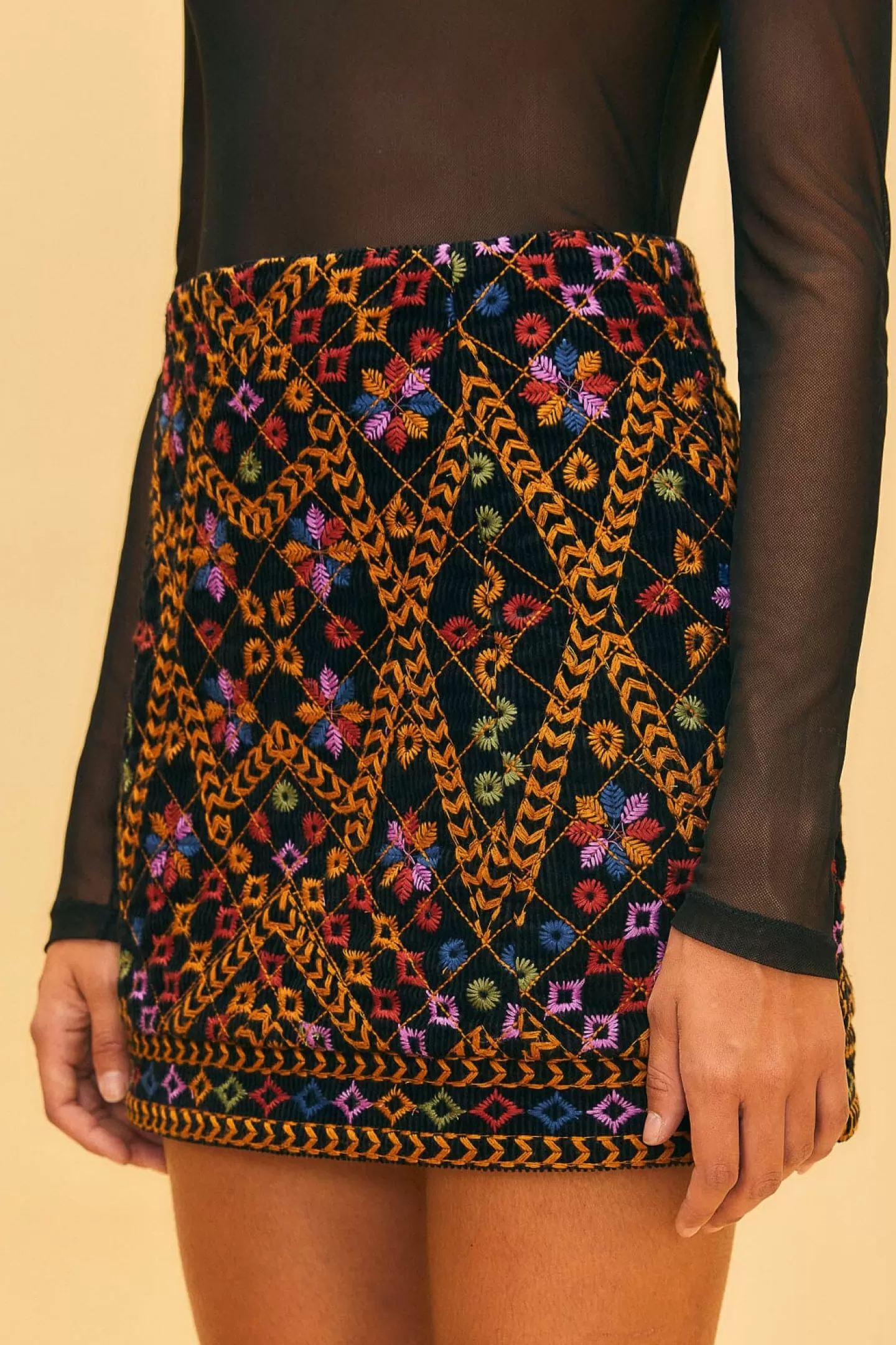FARM Rio  EMBROIDERED CORDUROY MINI SKIRT