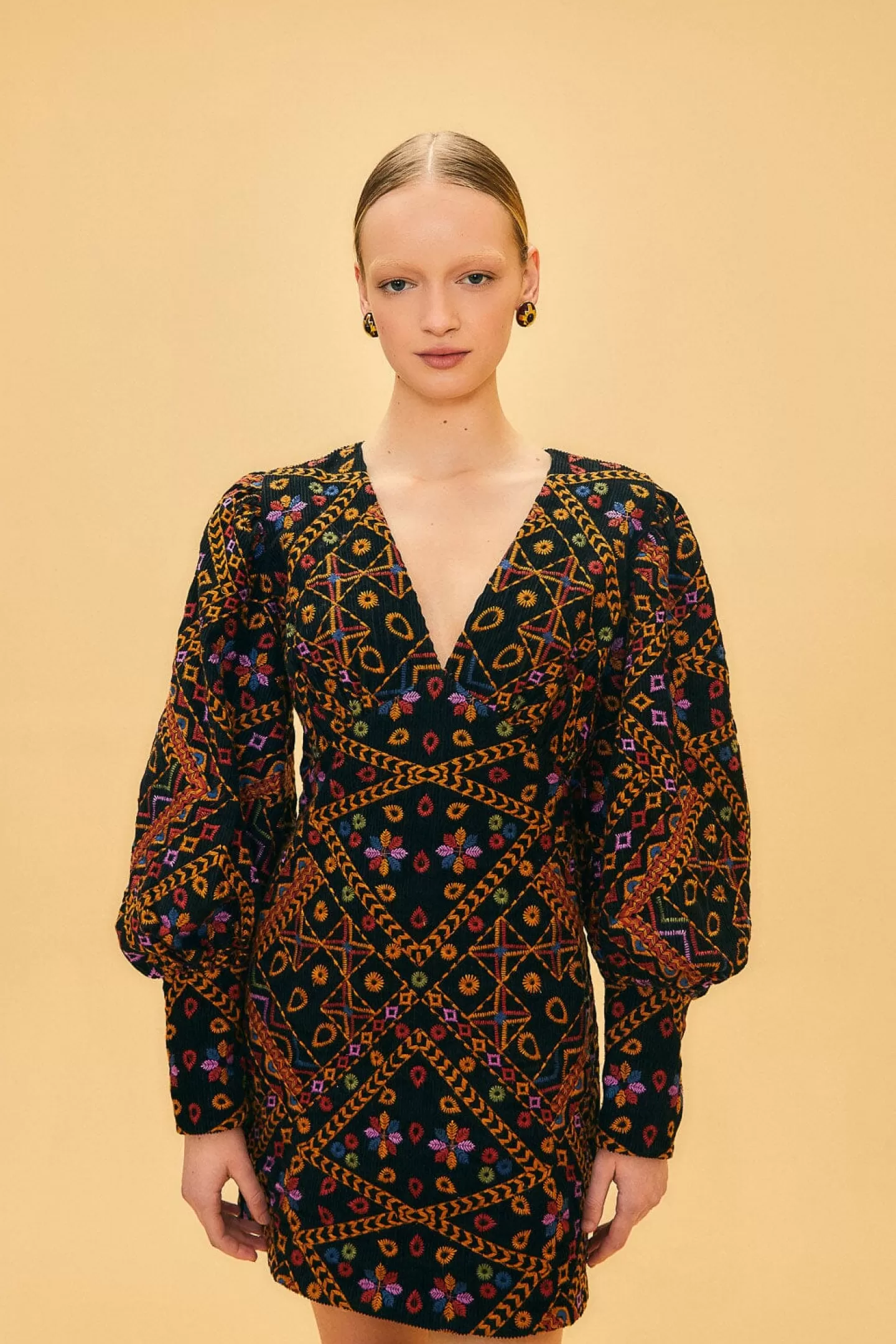 FARM Rio  EMBROIDERED CORDUROY PUFF SLEEVE MINI DRESS