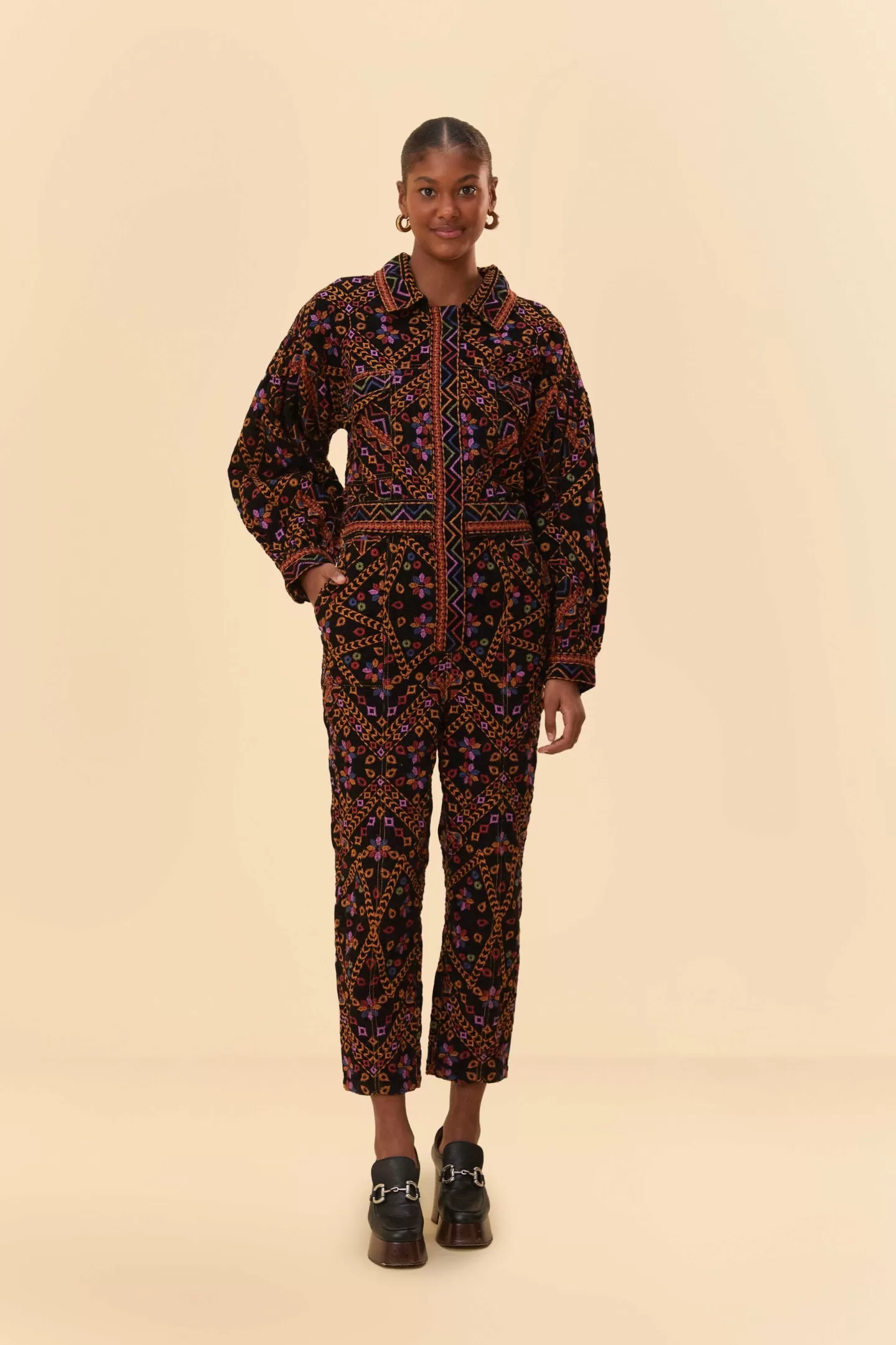 FARM Rio  EMBROIDERED LONG SLEEVE JUMPSUIT