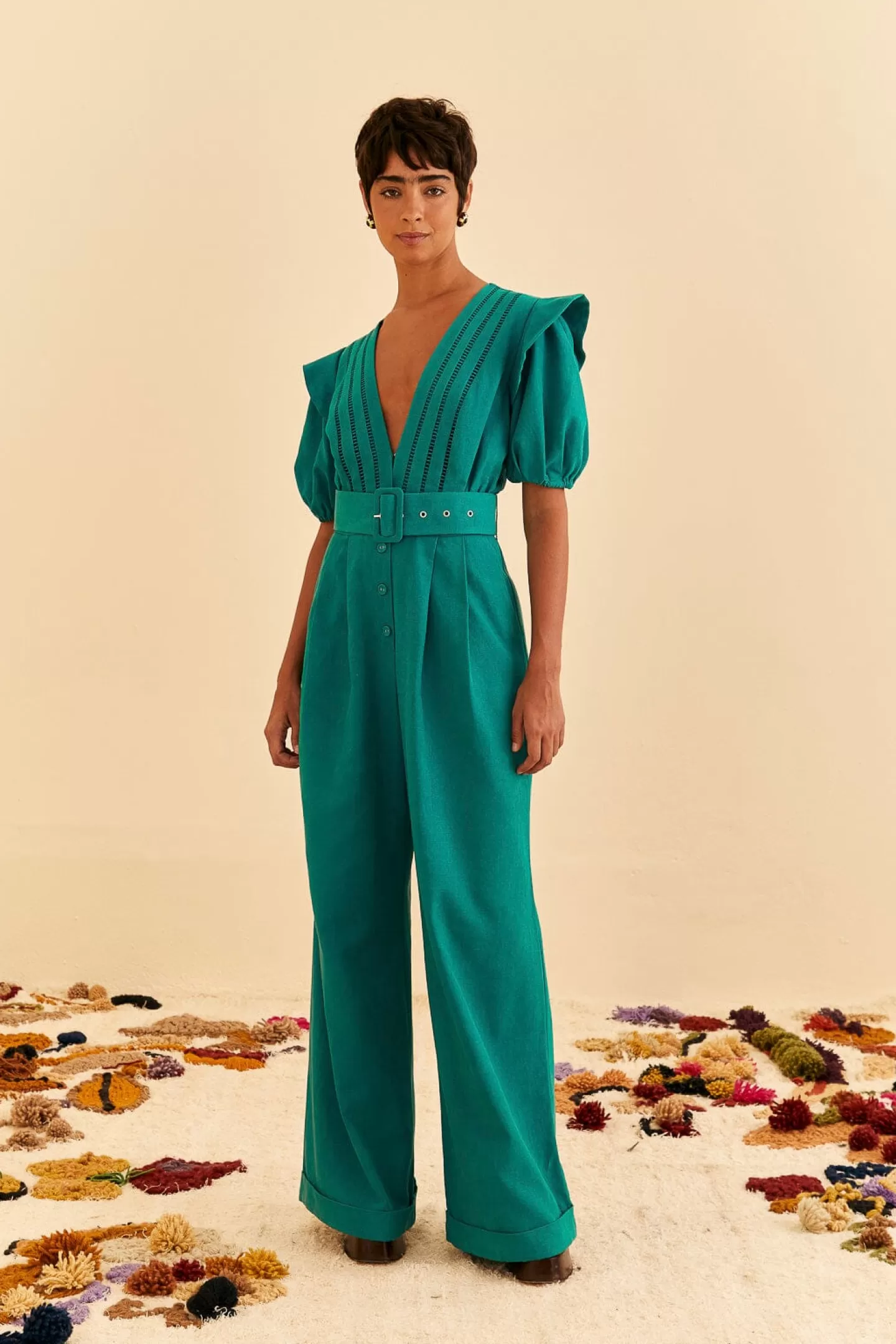 FARM Rio  EMERALD PLEATED SHORT SLEEVE JUMPSUIT