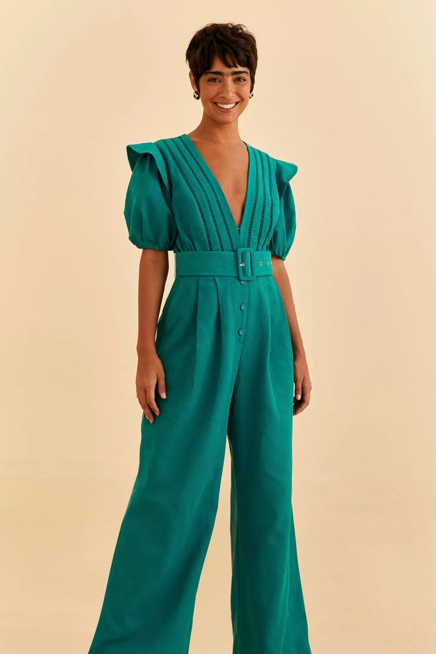 FARM Rio  EMERALD PLEATED SHORT SLEEVE JUMPSUIT