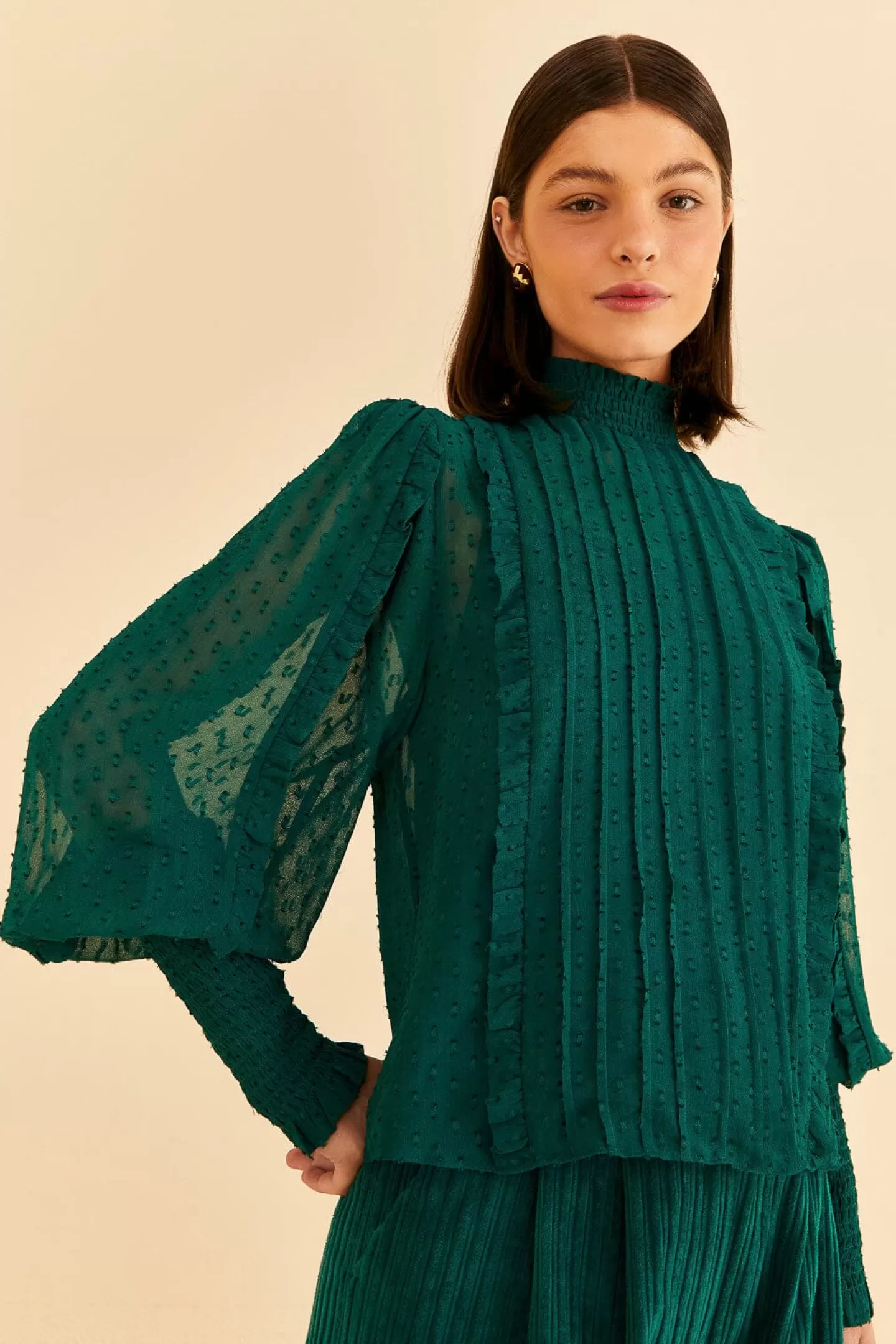 FARM Rio  EMERALD RUFFLE LONG SLEEVE BLOUSE