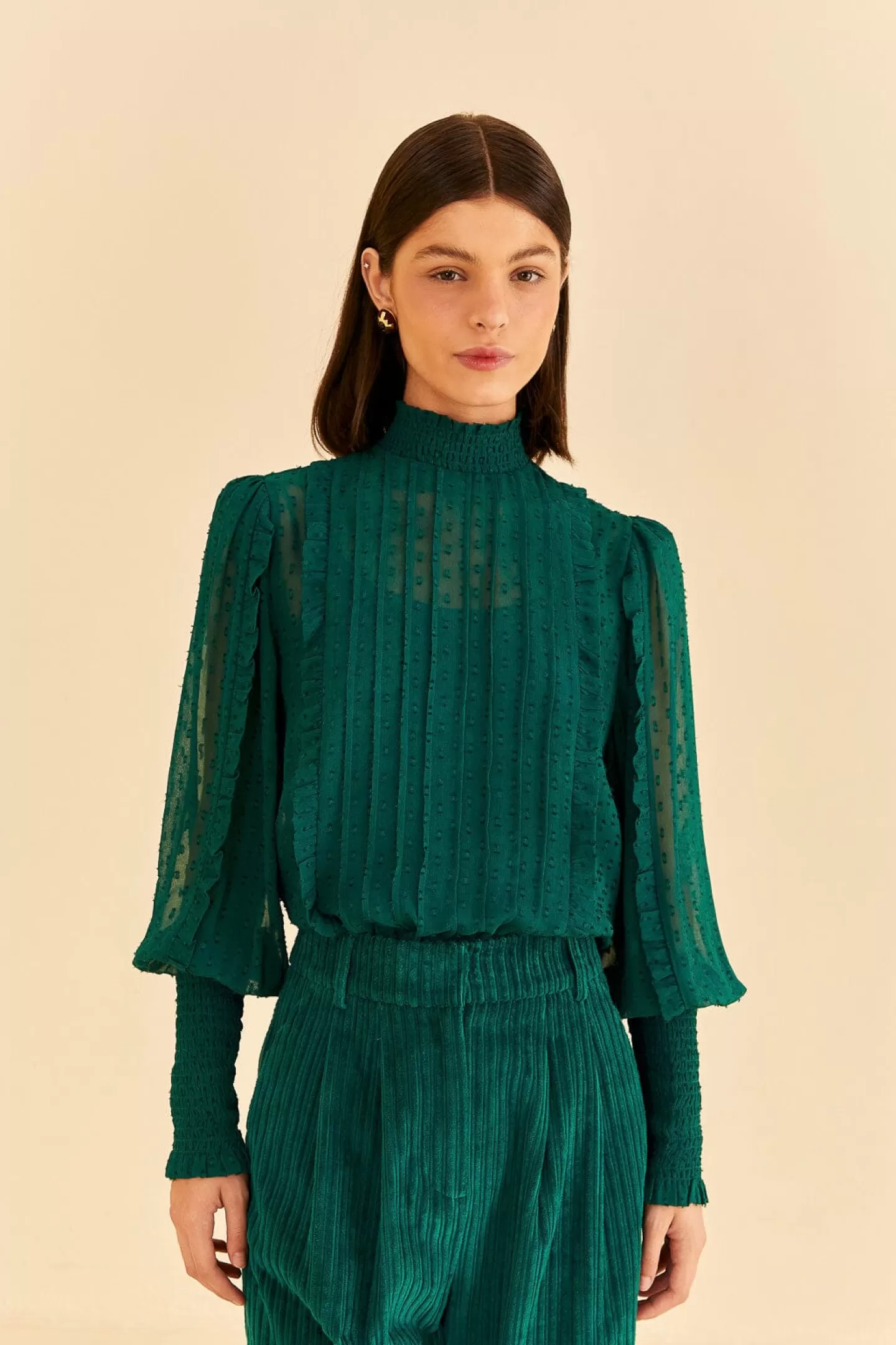 FARM Rio  EMERALD RUFFLE LONG SLEEVE BLOUSE