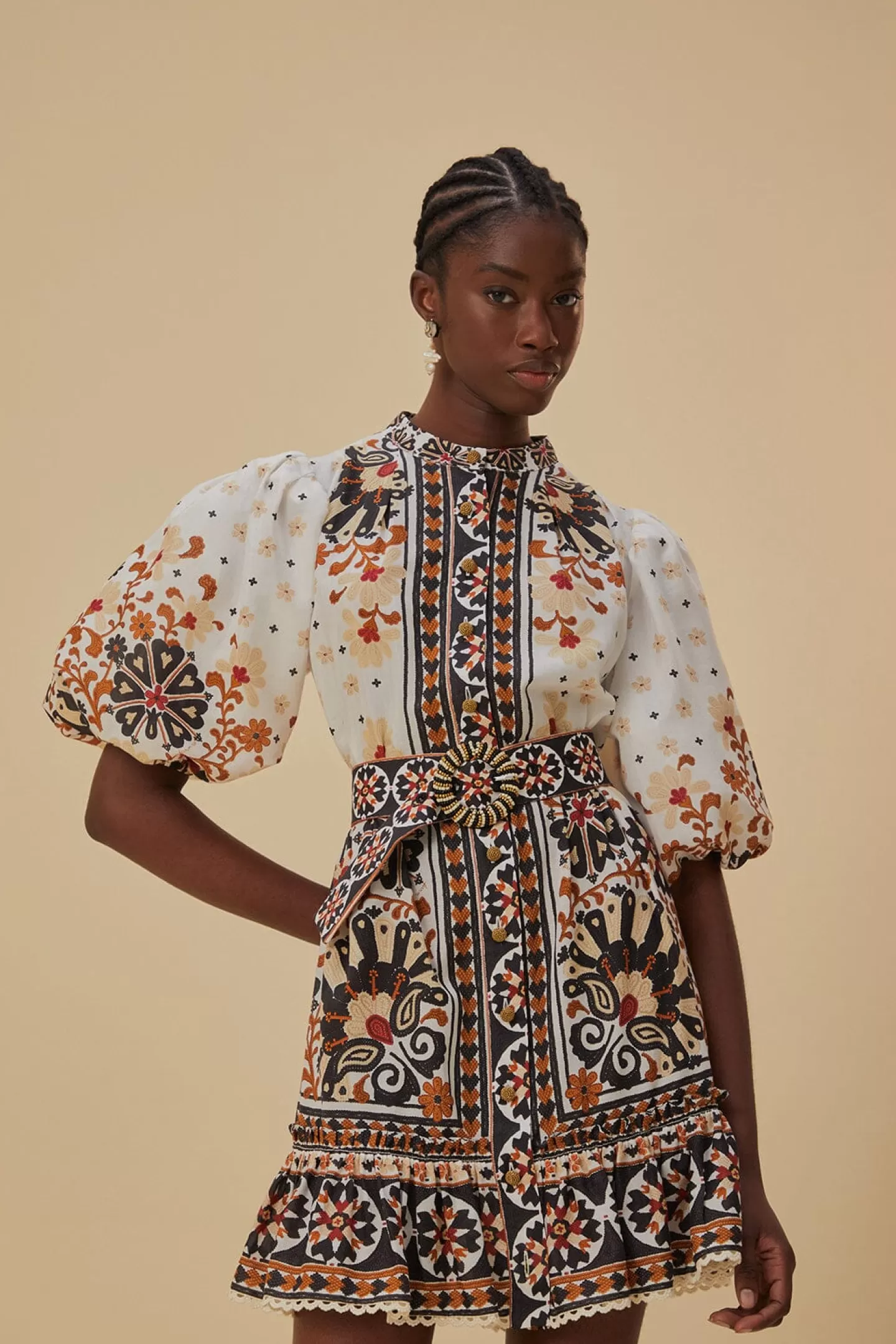 FARM Rio  FLOWER FAN TAPESTRY OFF-WHITE MINI DRESS