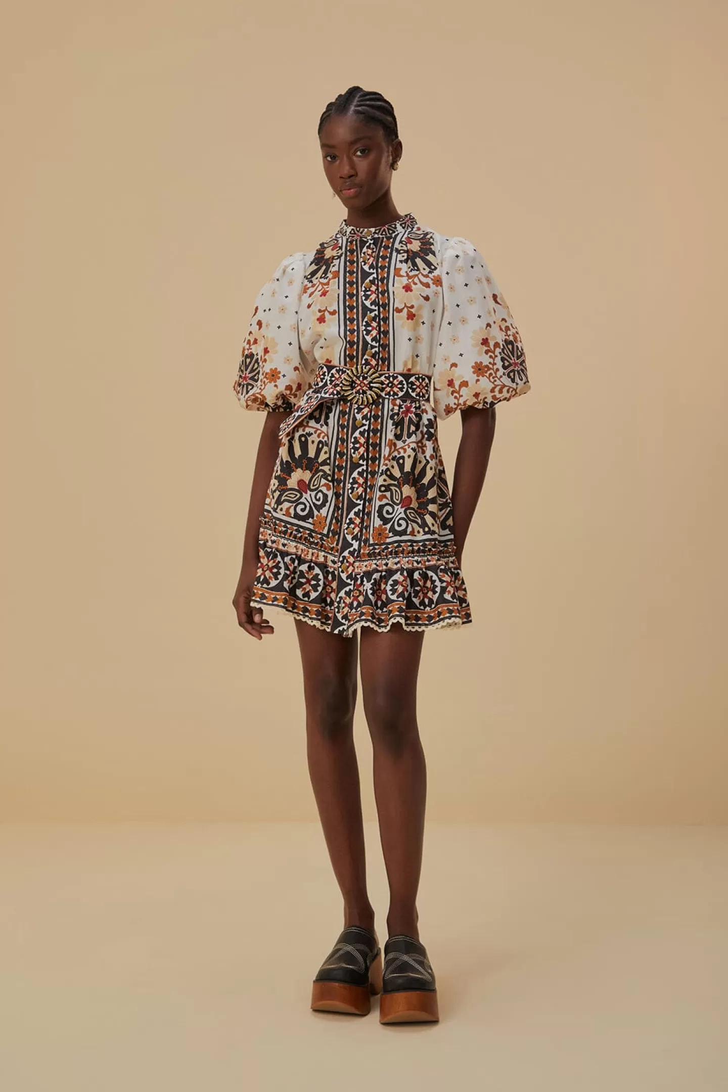 FARM Rio  FLOWER FAN TAPESTRY OFF-WHITE MINI DRESS