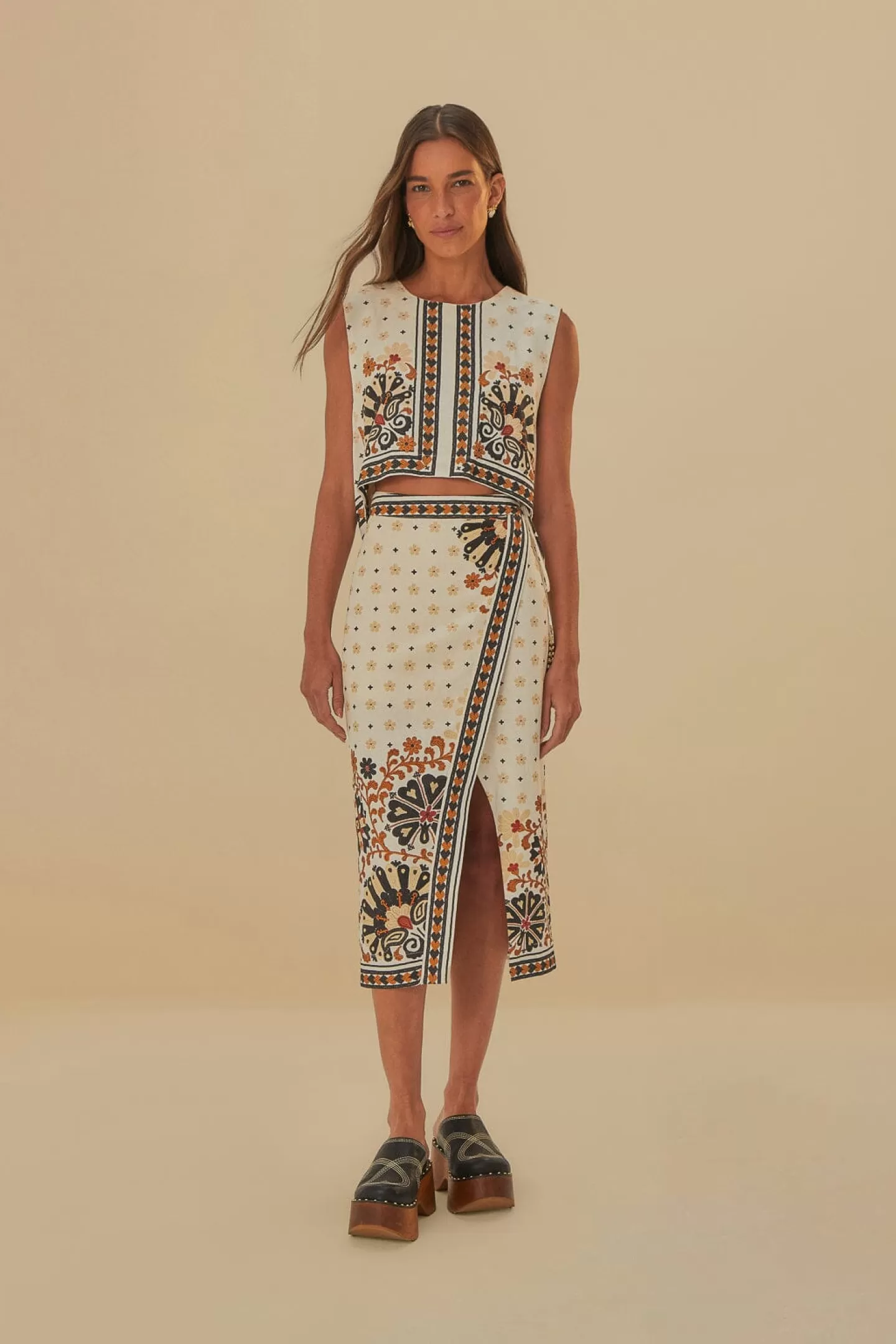 FARM Rio  FLOWER FAN TAPESTRY OFF-WHITE WRAP MIDI SKIRT