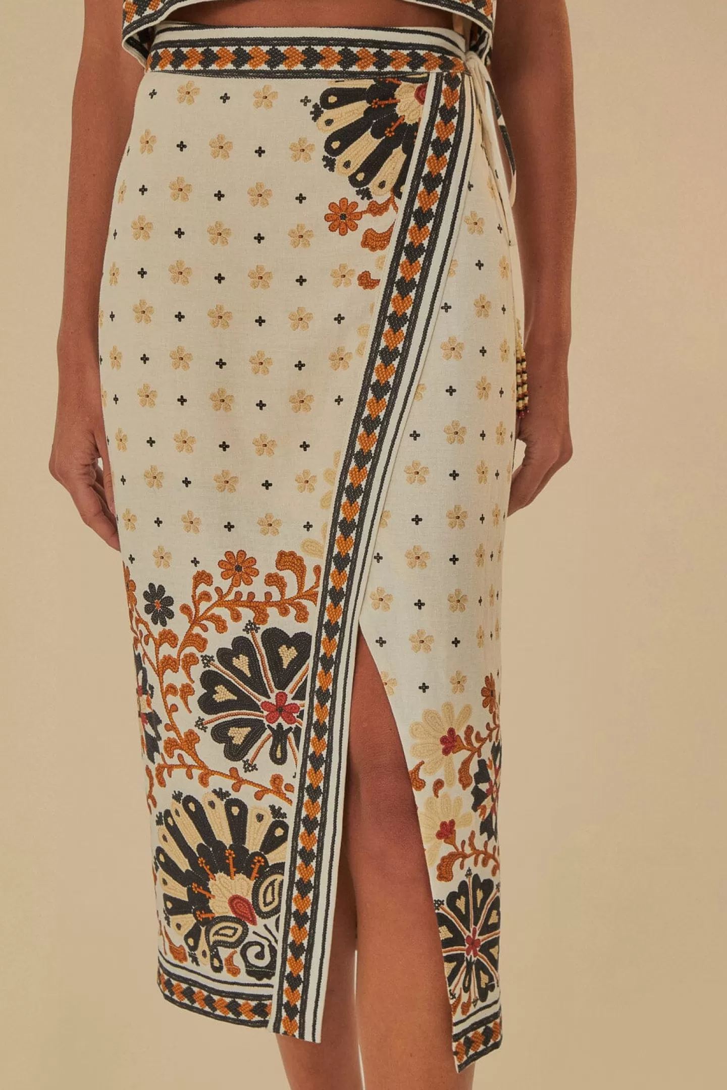 FARM Rio  FLOWER FAN TAPESTRY OFF-WHITE WRAP MIDI SKIRT