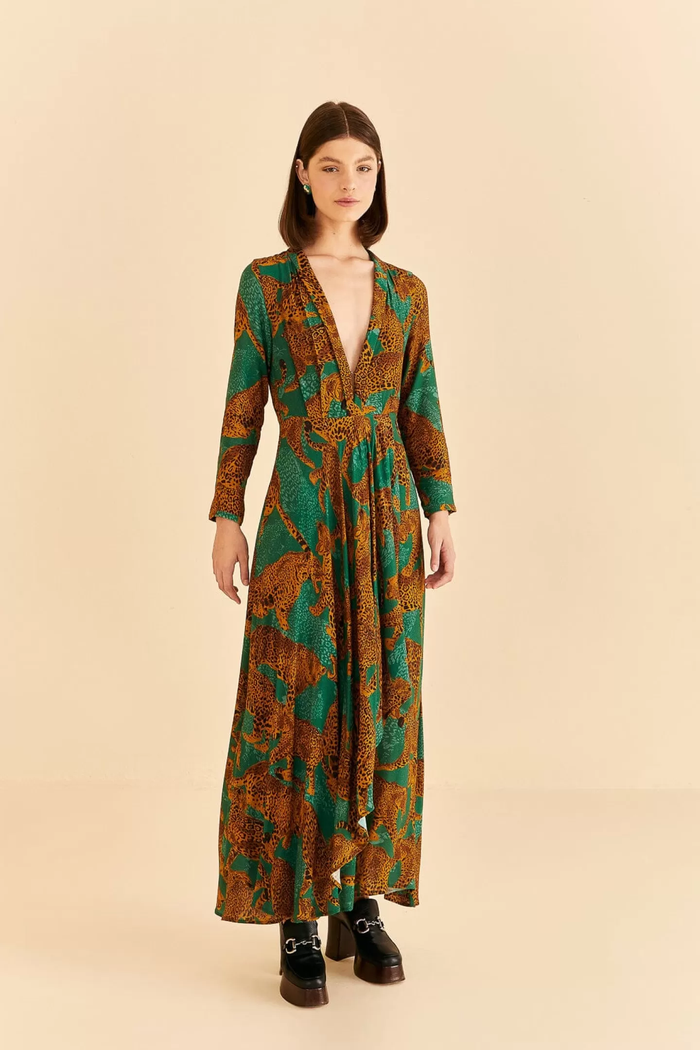 FARM Rio  GREEN ARTSY LEOPARDS LONG SLEEVE MAXI DRESS