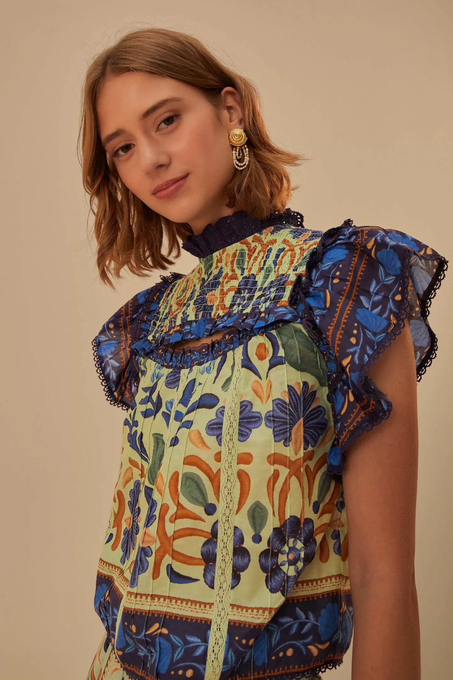FARM Rio  GREEN OCEAN TAPESTRY LACE BLOUSE