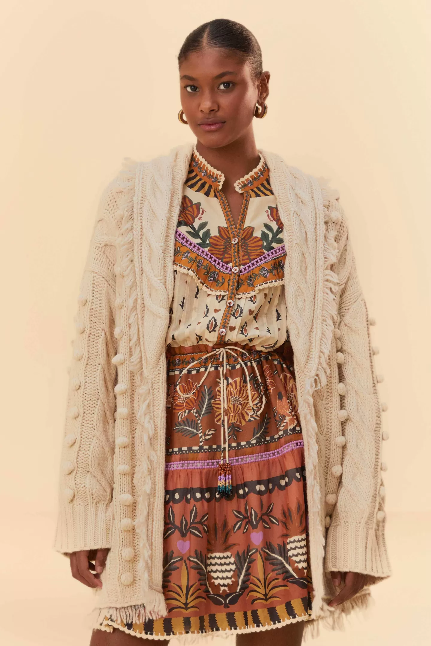 FARM Rio  KHAKI BRAIDED KNIT CARDIGAN