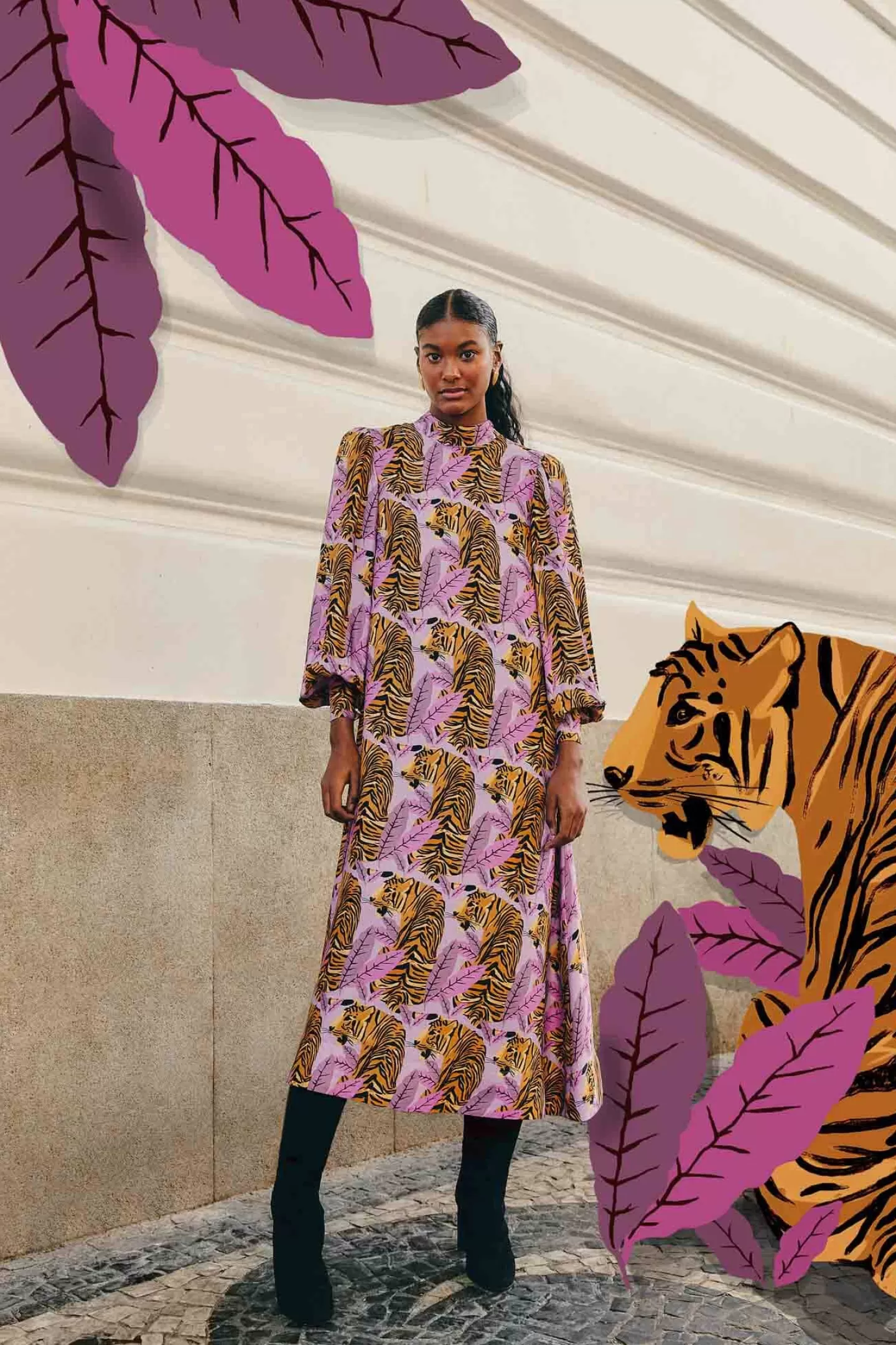 FARM Rio  LAVENDER TIGER LEAVES MIDI DRESS