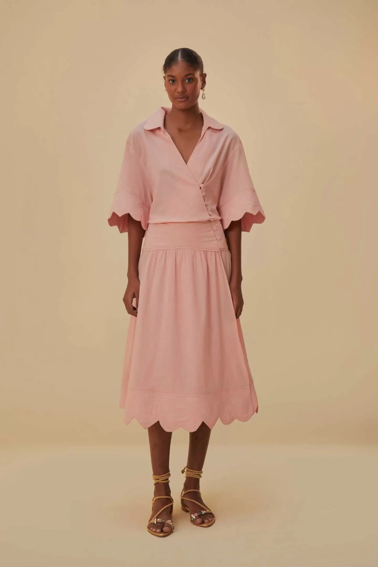 FARM Rio  LIGHT PINK HEART DETAILED MIDI DRESS