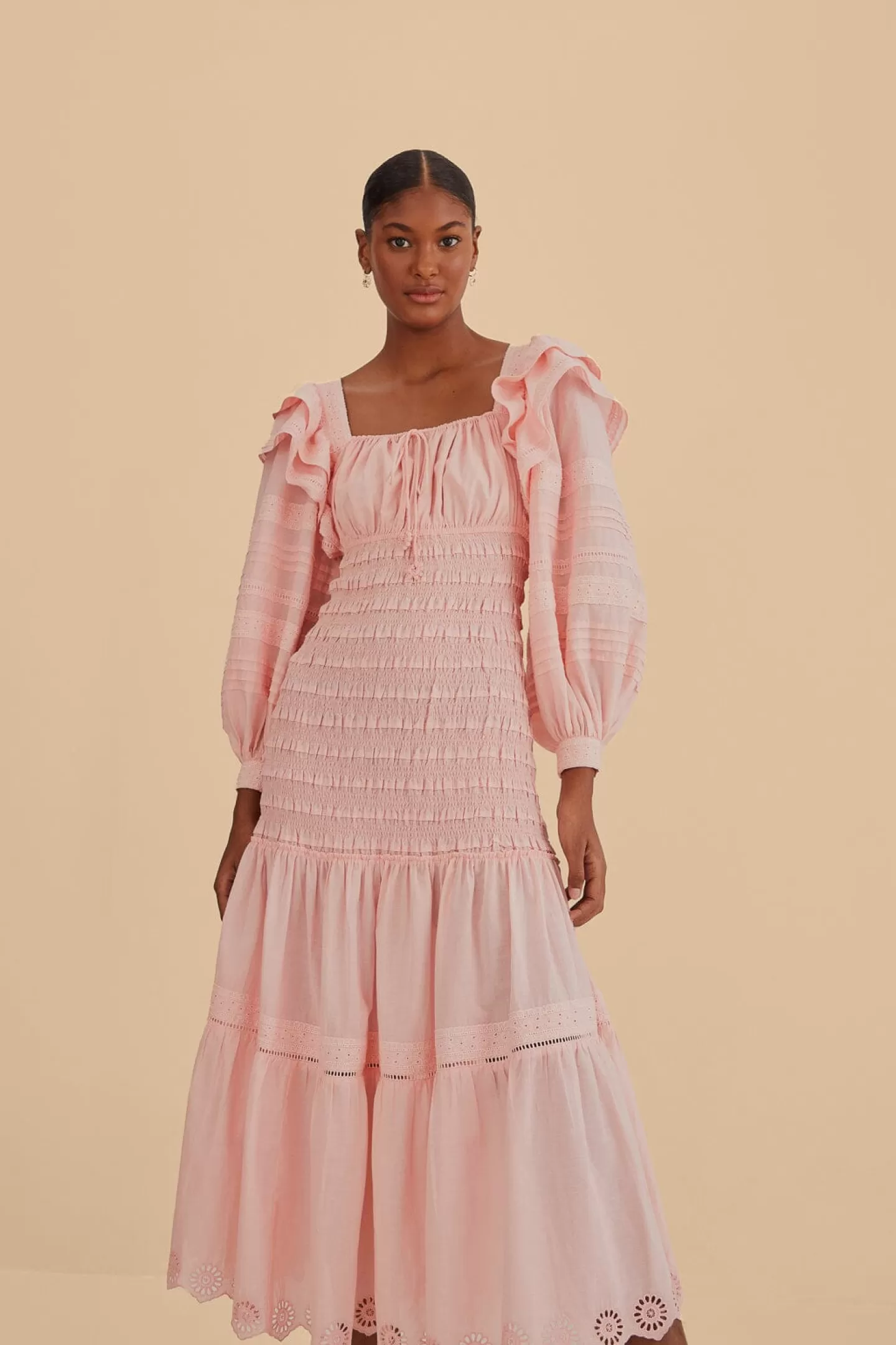 FARM Rio  LIGHT PINK LONG SLEEVE SMOCKED MIDI DRESS