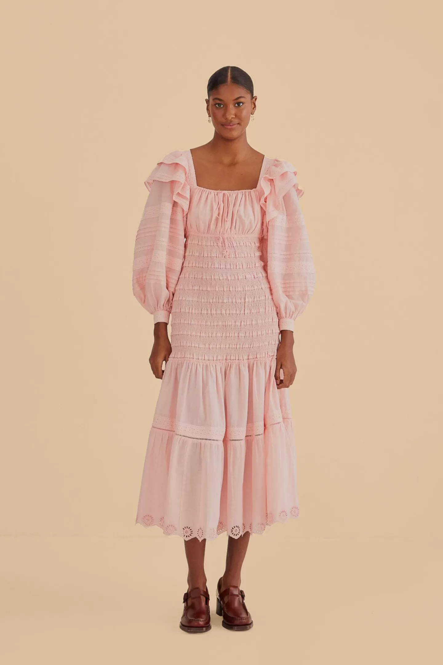 FARM Rio  LIGHT PINK LONG SLEEVE SMOCKED MIDI DRESS