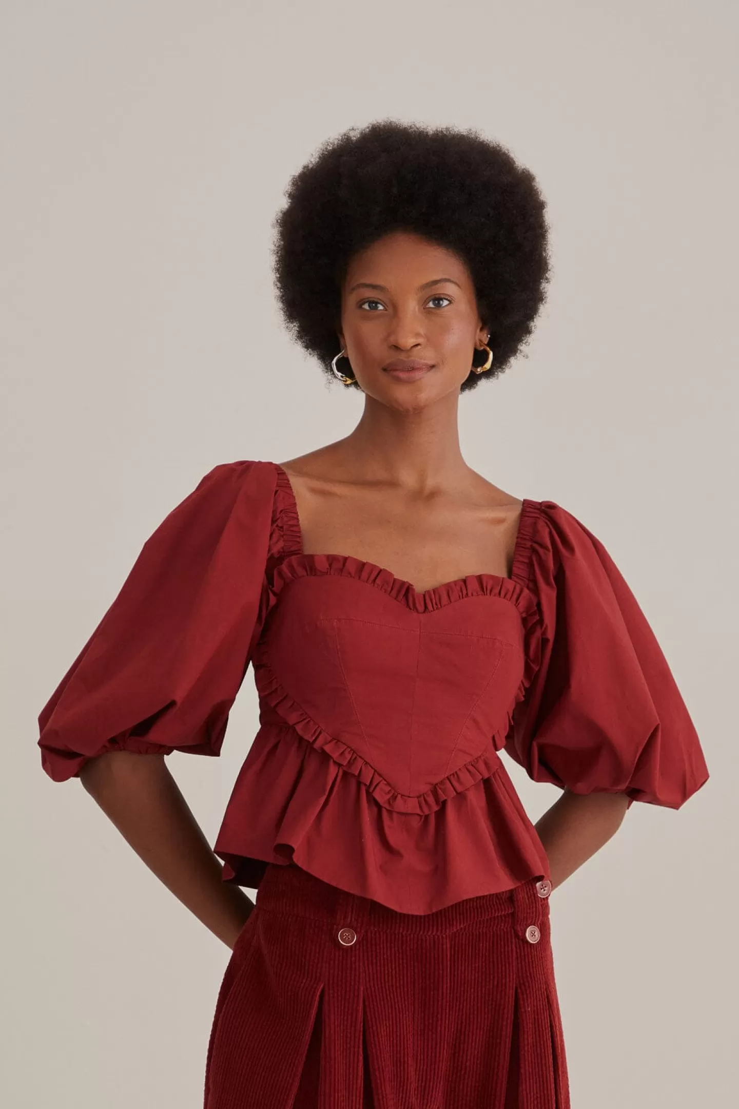 FARM Rio  MARSALA HEART SHAPED PUFF SLEEVE BLOUSE