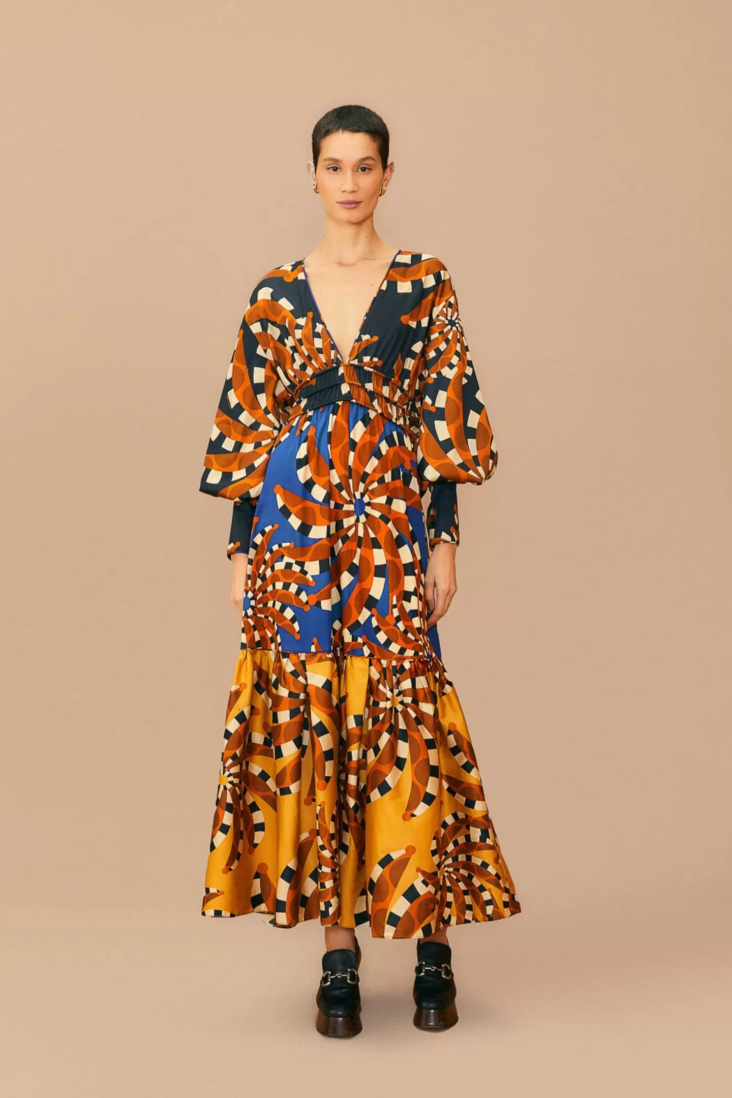 FARM Rio  MIXED BANANADA LONG SLEEVE MAXI DRESS