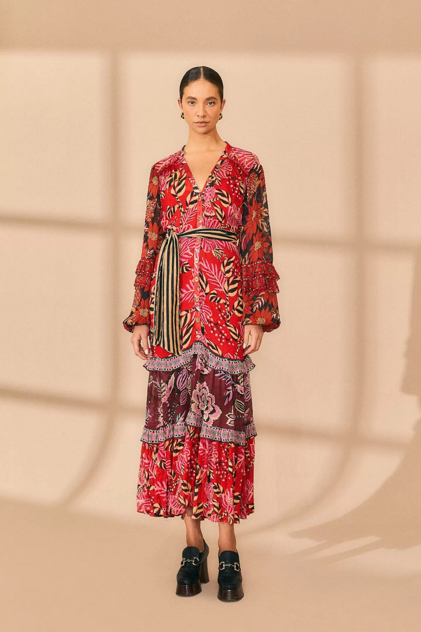 FARM Rio  MIXED FLORAL PRINTS LONG SLEEVE MAXI DRESS