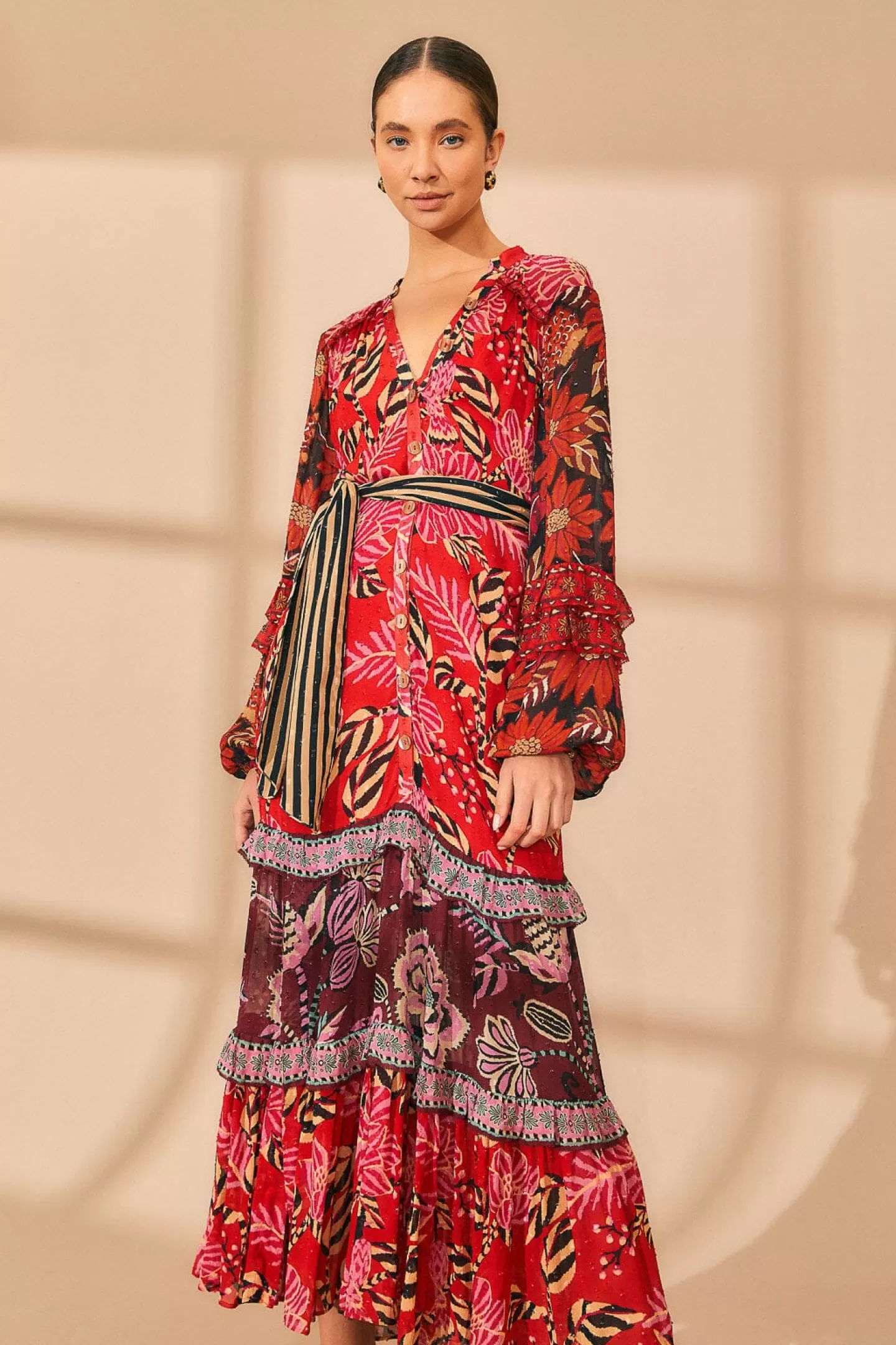 FARM Rio  MIXED FLORAL PRINTS LONG SLEEVE MAXI DRESS