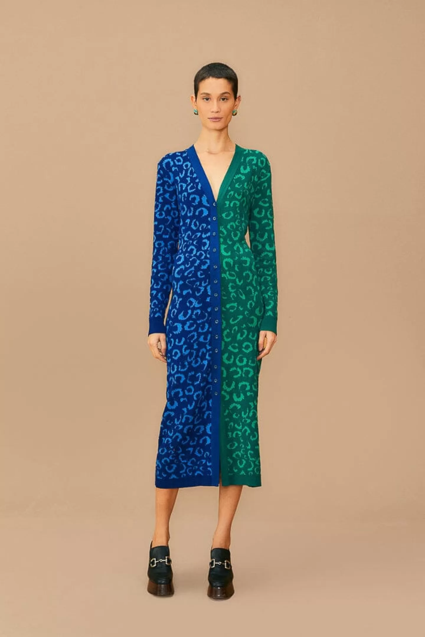 FARM Rio  MIXED LEOPARDS KNIT MIDI CARDIGAN DRESS