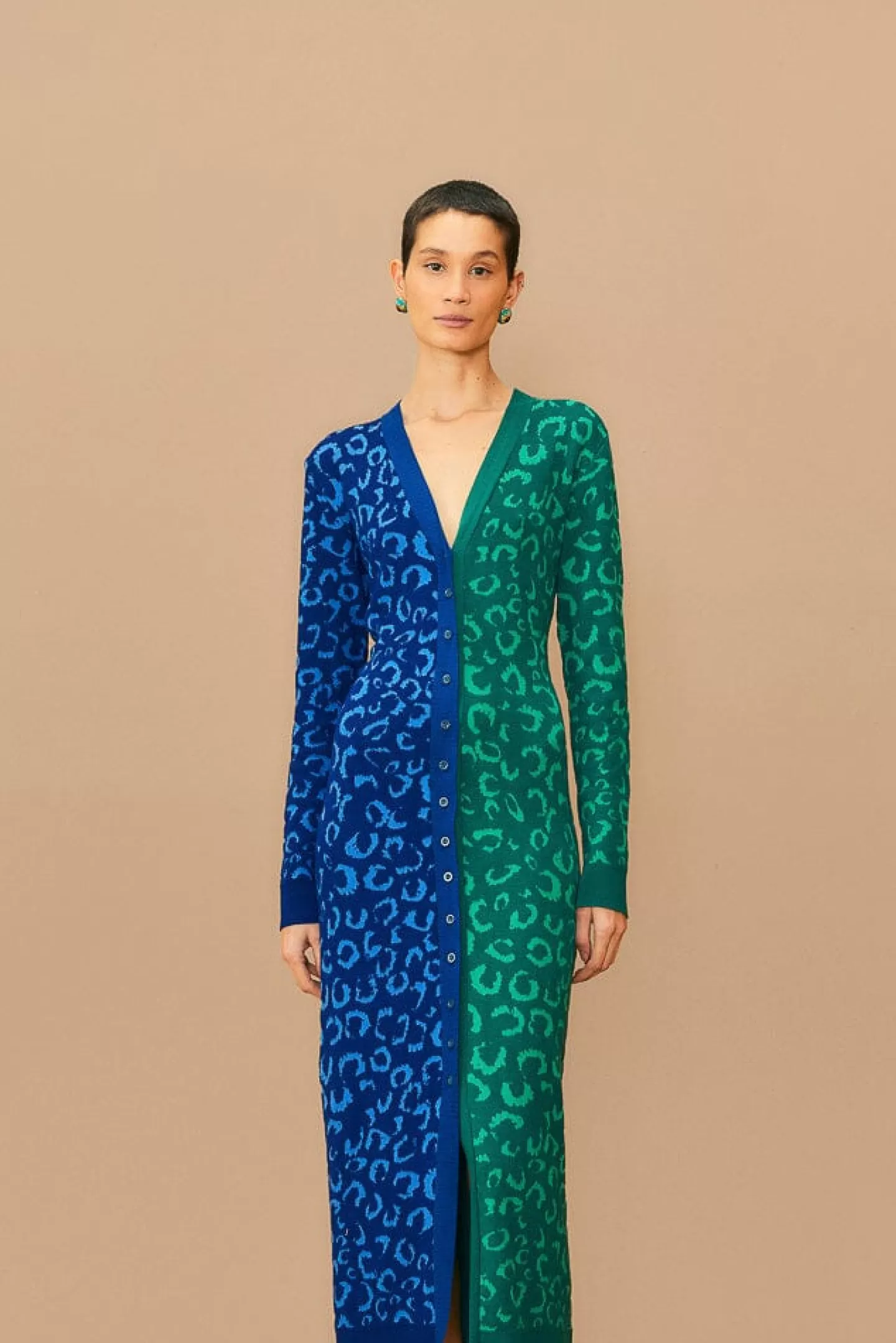 FARM Rio  MIXED LEOPARDS KNIT MIDI CARDIGAN DRESS