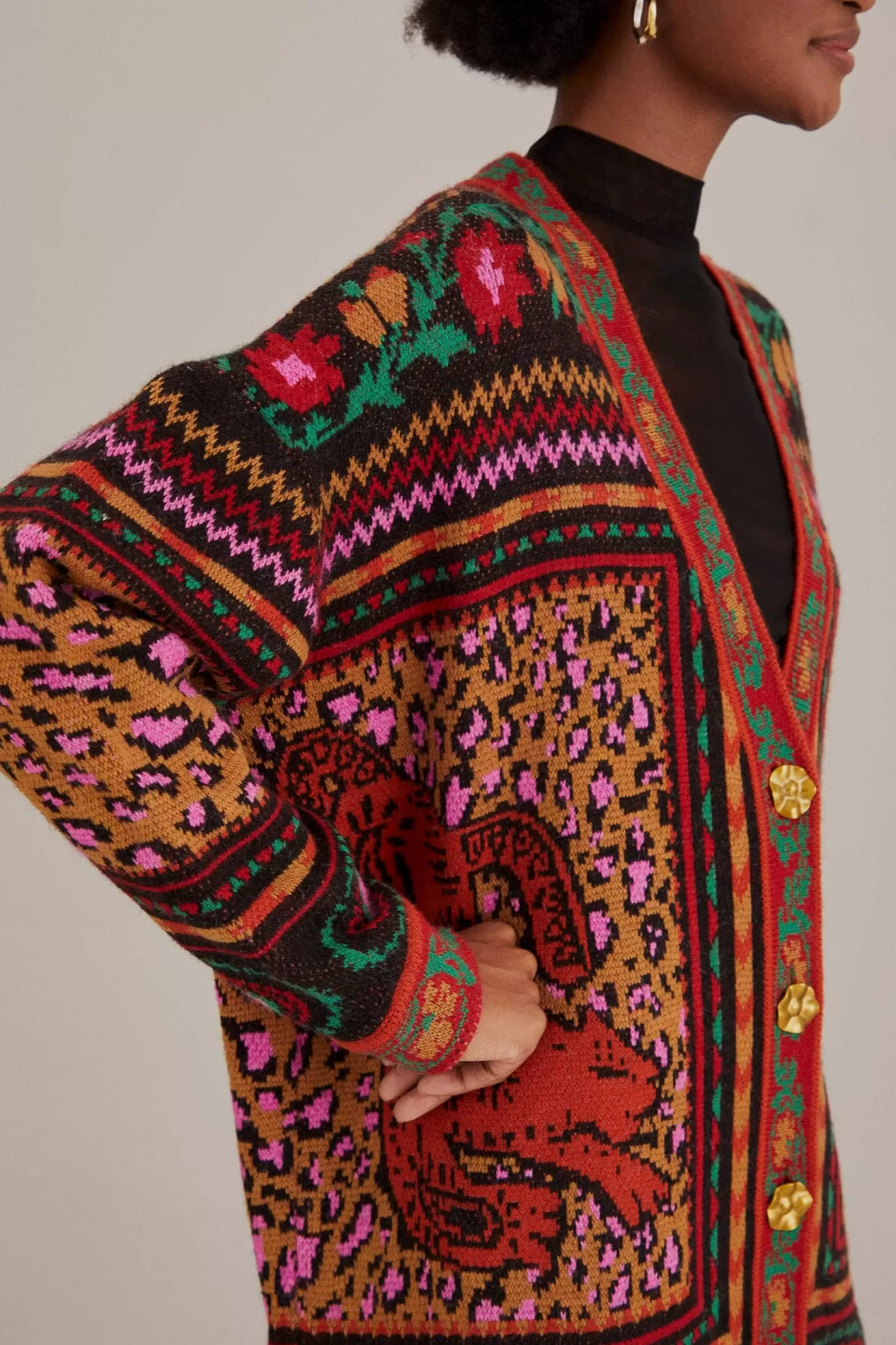 FARM Rio  MIXED TAPESTRY PRINTS KNIT CARDIGAN
