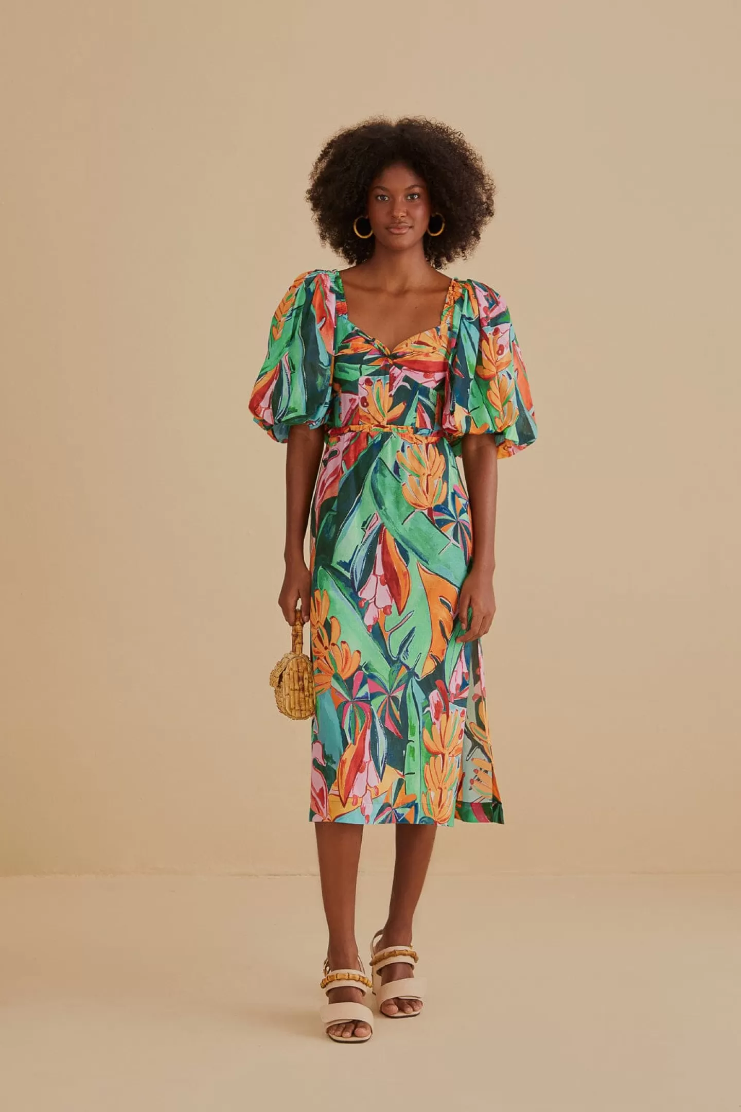 FARM Rio  MULTICOLOR BANANA FOLIAGE PUFF SLEEVE MIDI DRESS