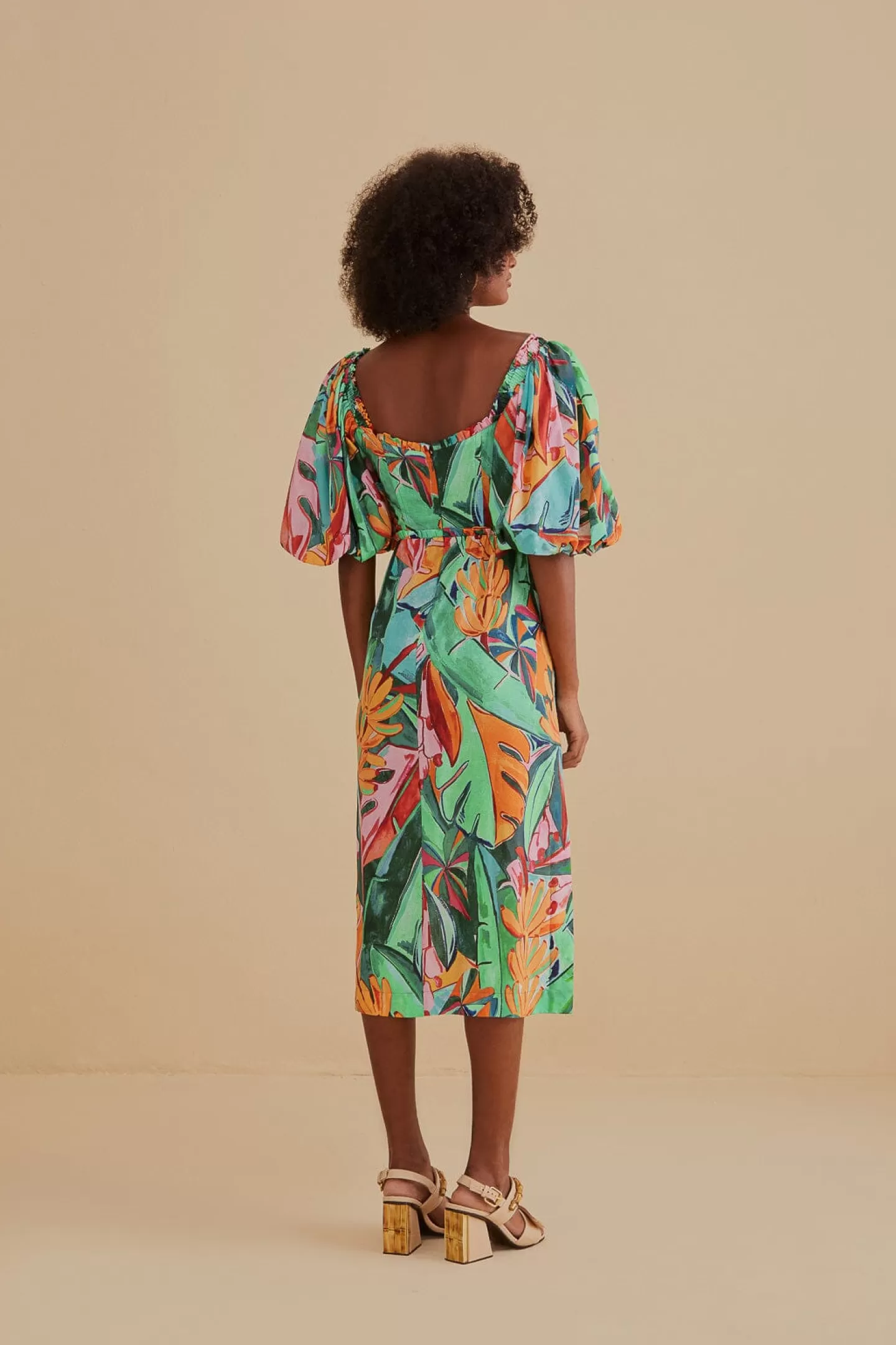 FARM Rio  MULTICOLOR BANANA FOLIAGE PUFF SLEEVE MIDI DRESS