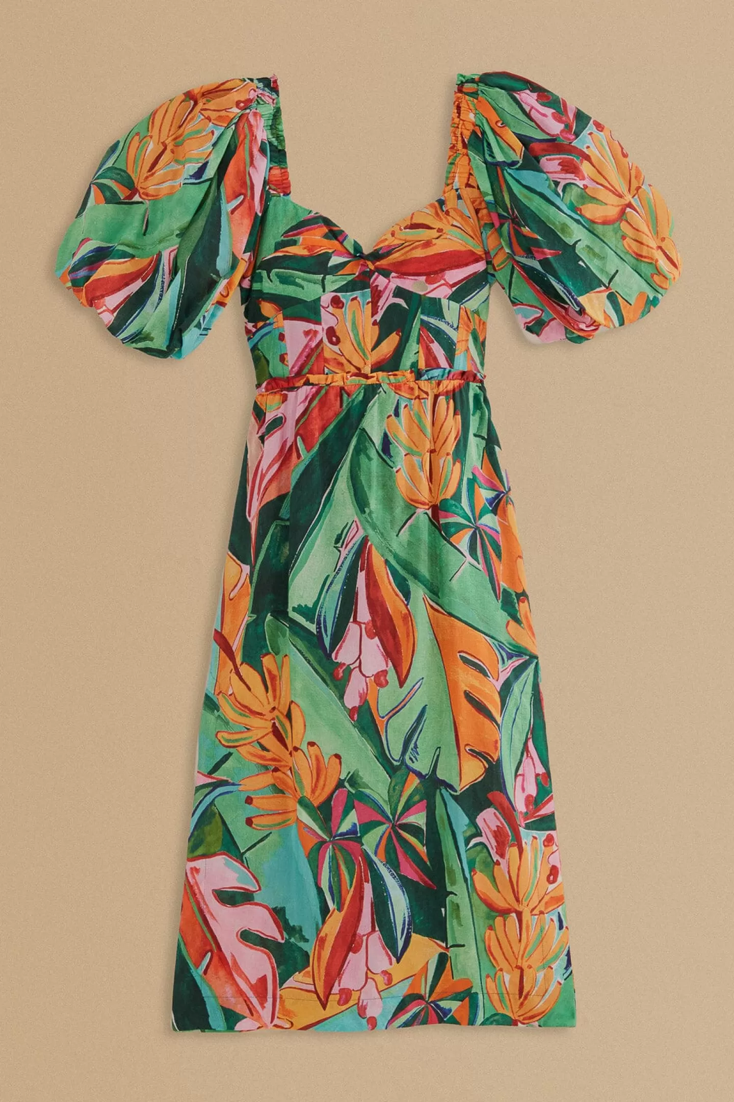 FARM Rio  MULTICOLOR BANANA FOLIAGE PUFF SLEEVE MIDI DRESS