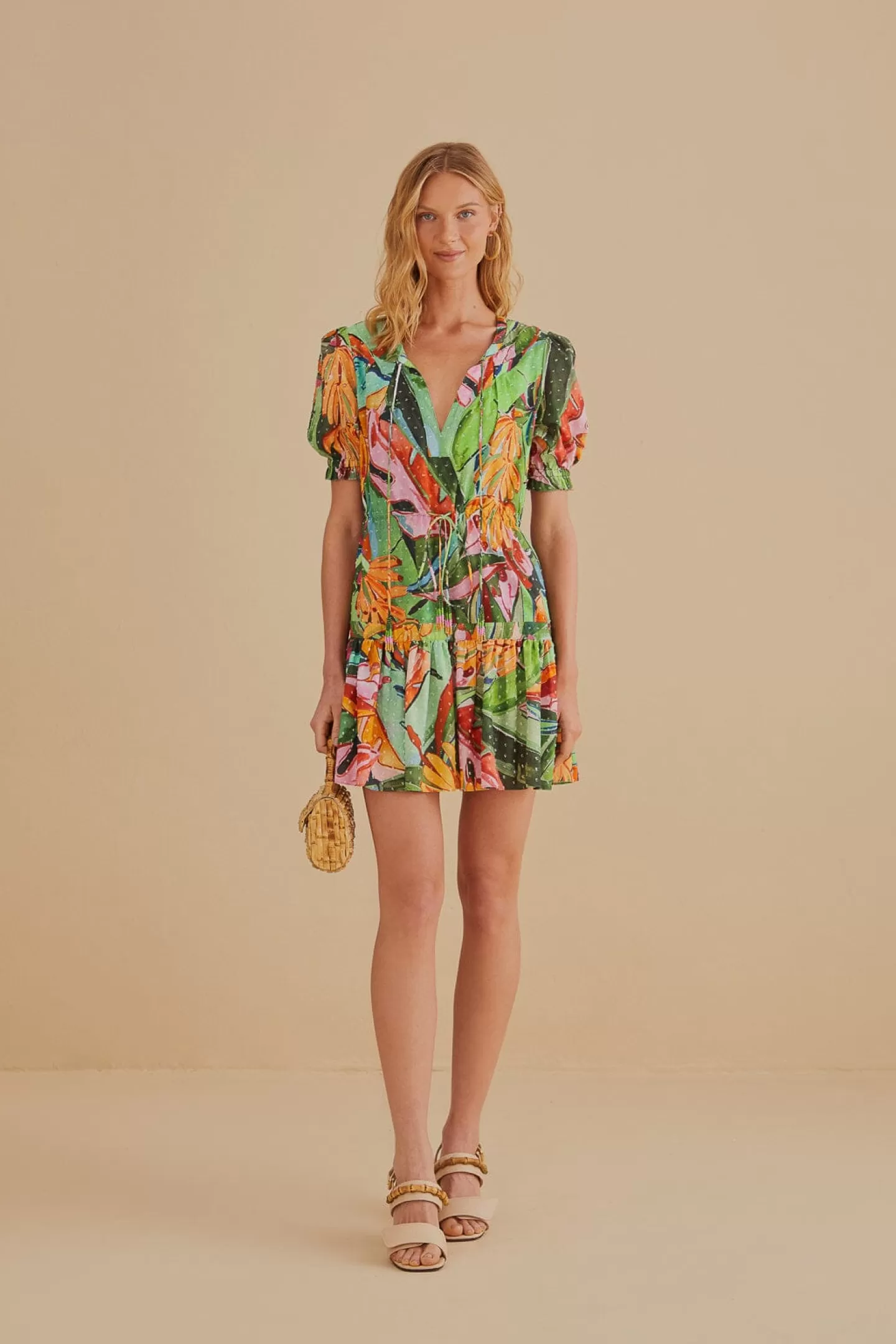 FARM Rio  MULTICOLOR BANANA FOLIAGE SHORT SLEEVE MINI DRESS