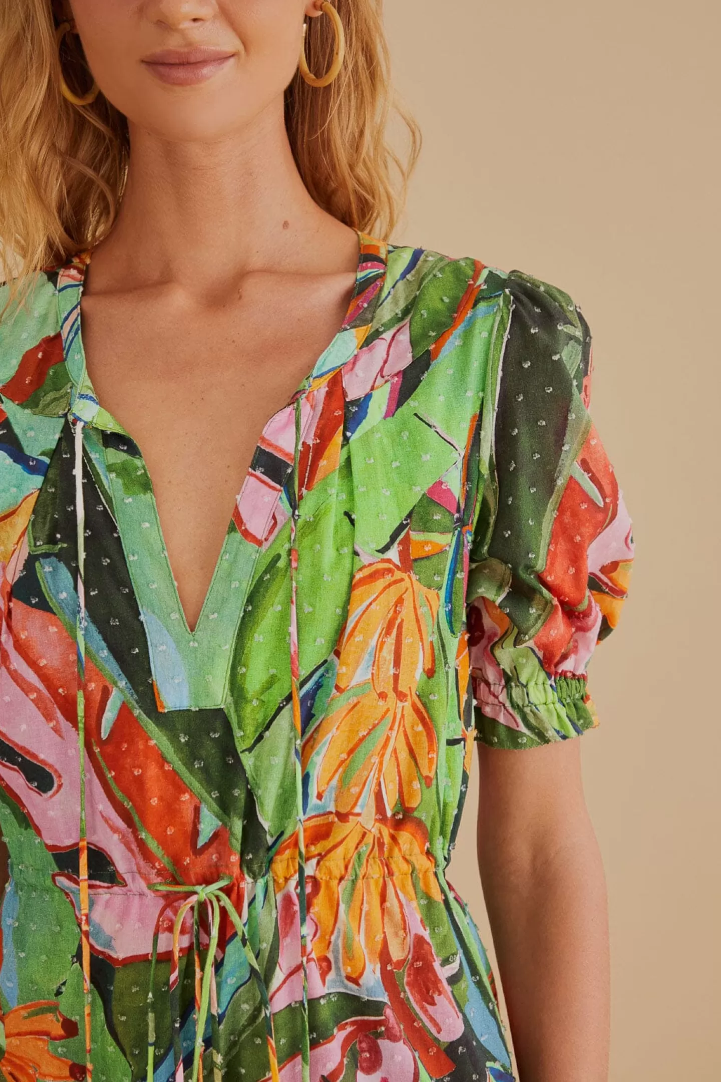 FARM Rio  MULTICOLOR BANANA FOLIAGE SHORT SLEEVE MINI DRESS