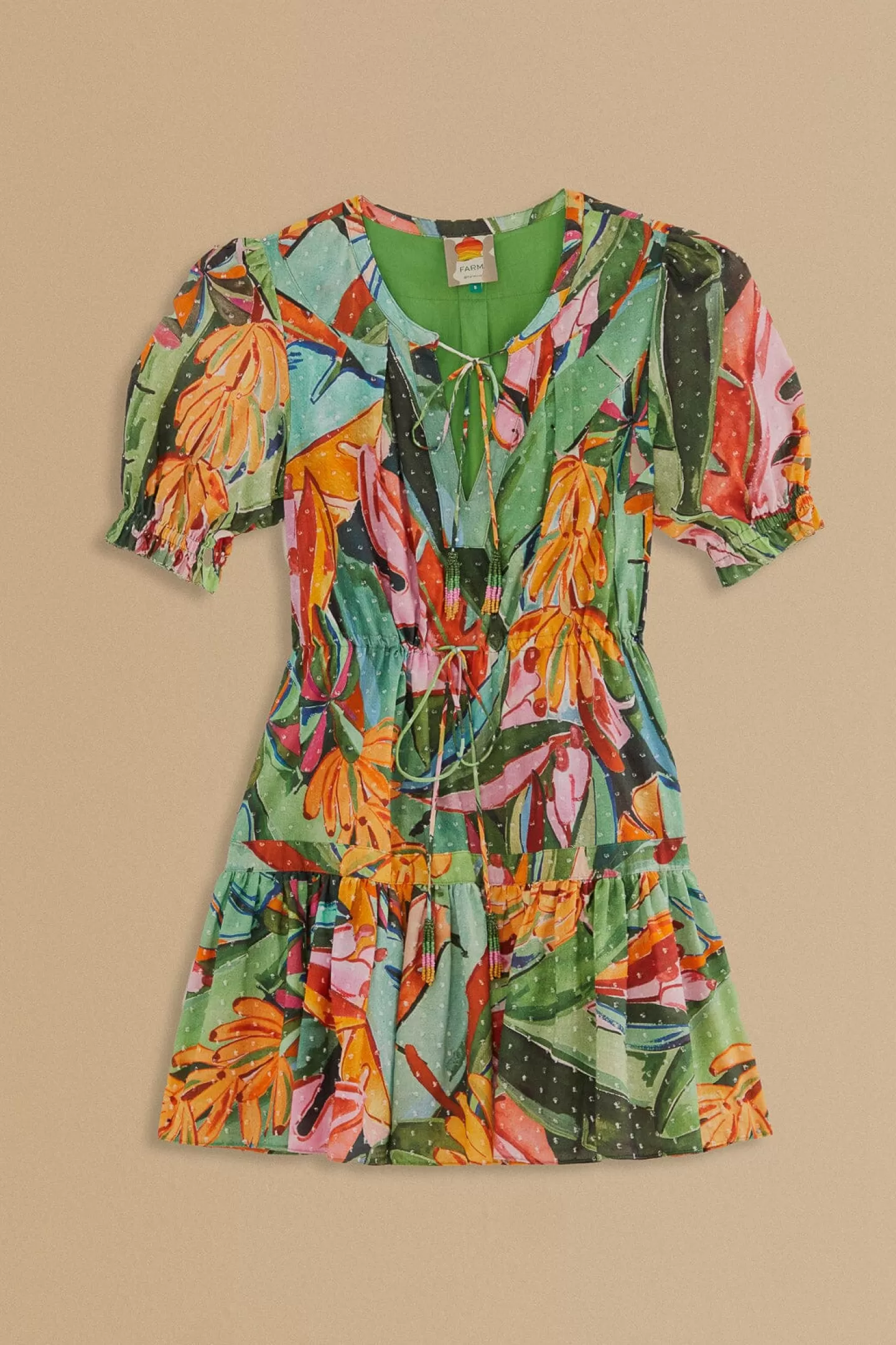 FARM Rio  MULTICOLOR BANANA FOLIAGE SHORT SLEEVE MINI DRESS