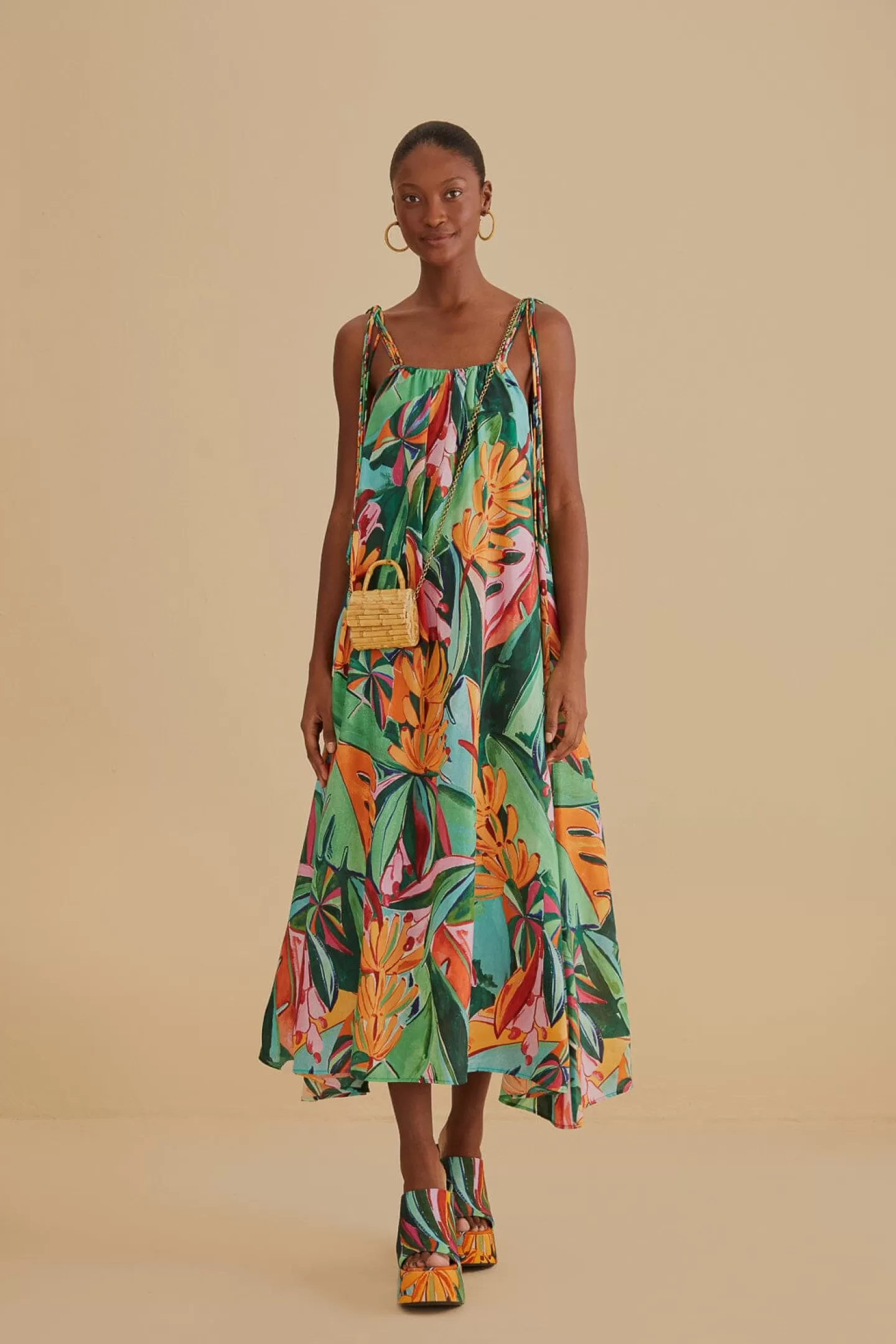 FARM Rio  MULTICOLOR BANANA FOLIAGE SLEEVELESS MIDI DRESS