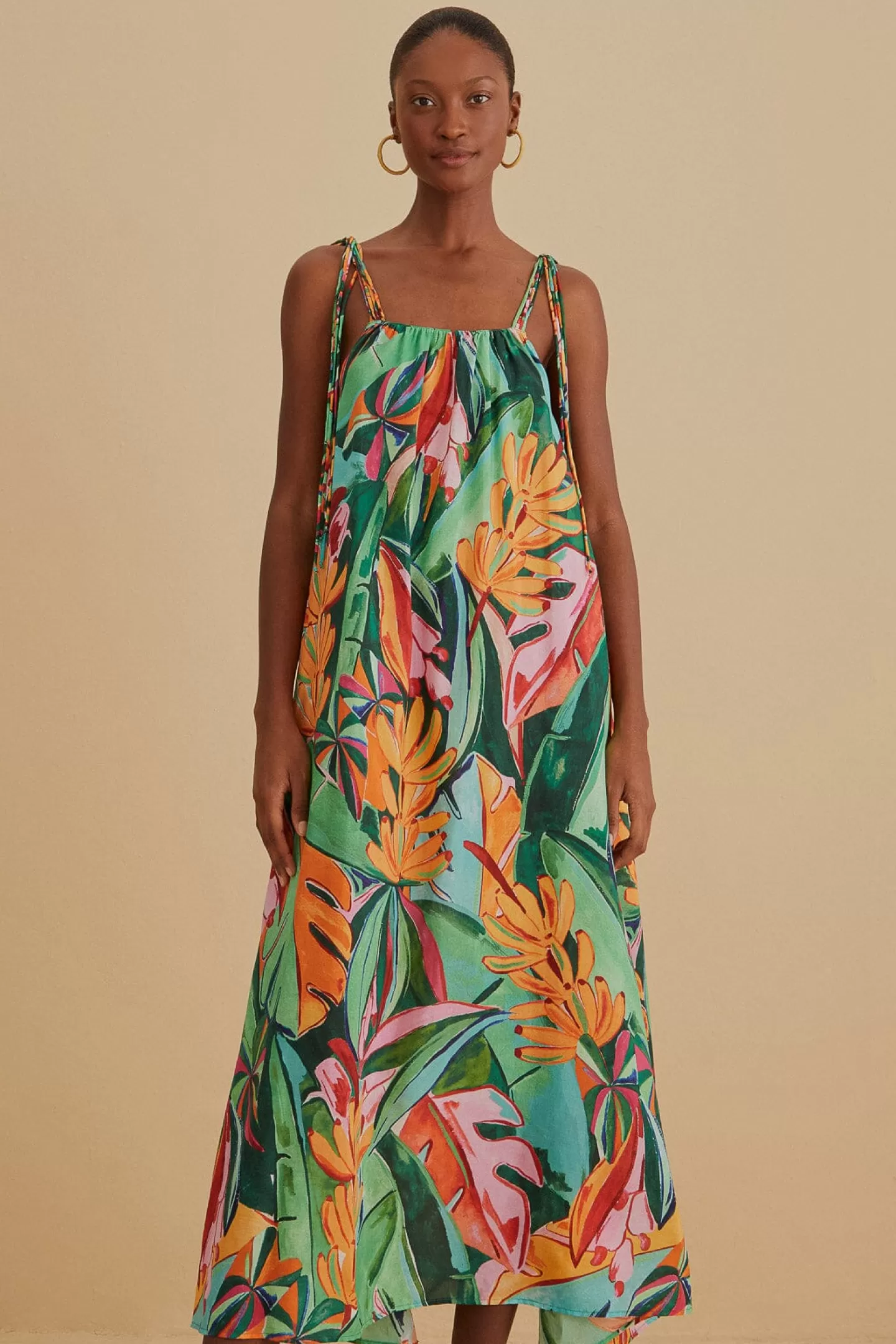 FARM Rio  MULTICOLOR BANANA FOLIAGE SLEEVELESS MIDI DRESS