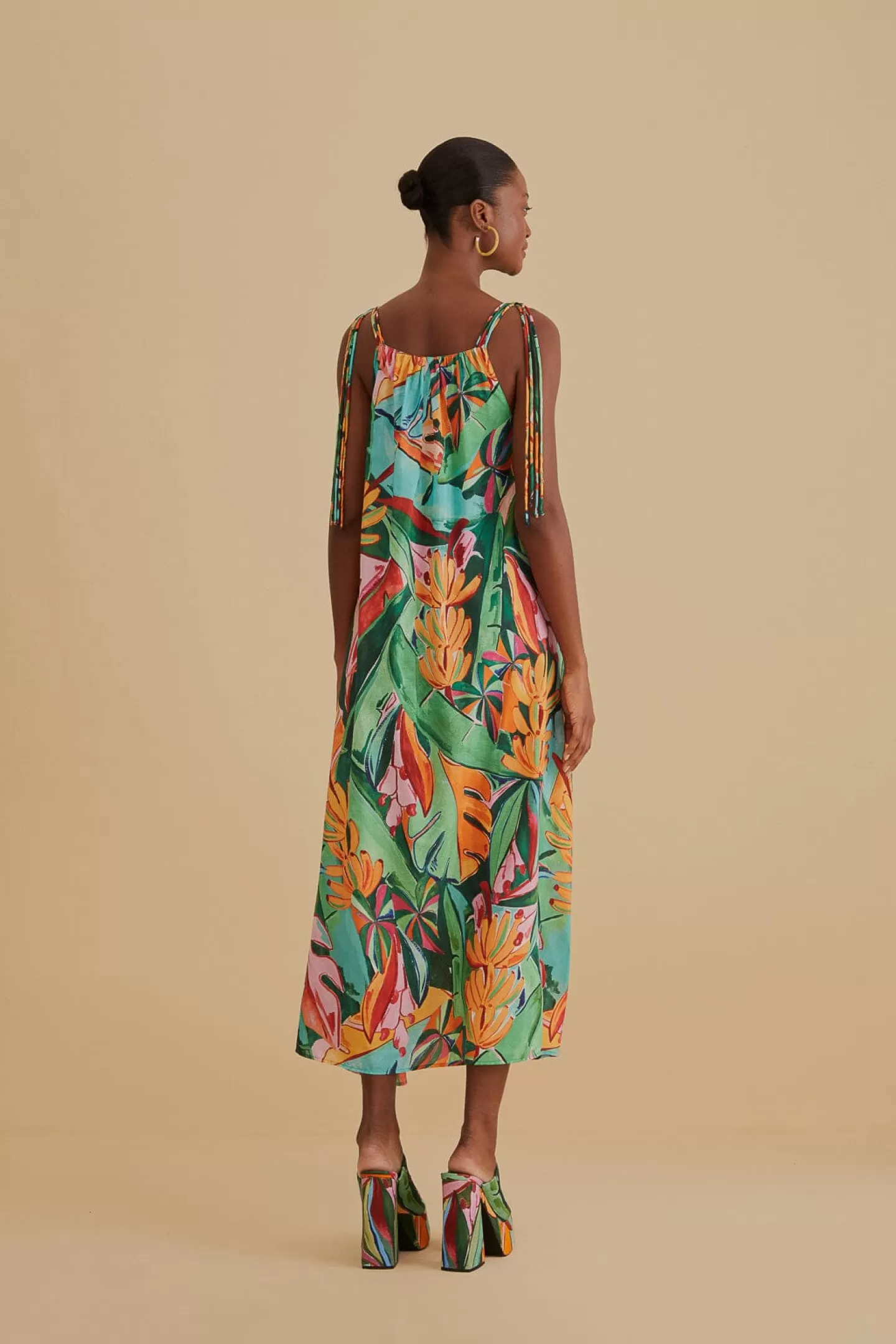 FARM Rio  MULTICOLOR BANANA FOLIAGE SLEEVELESS MIDI DRESS