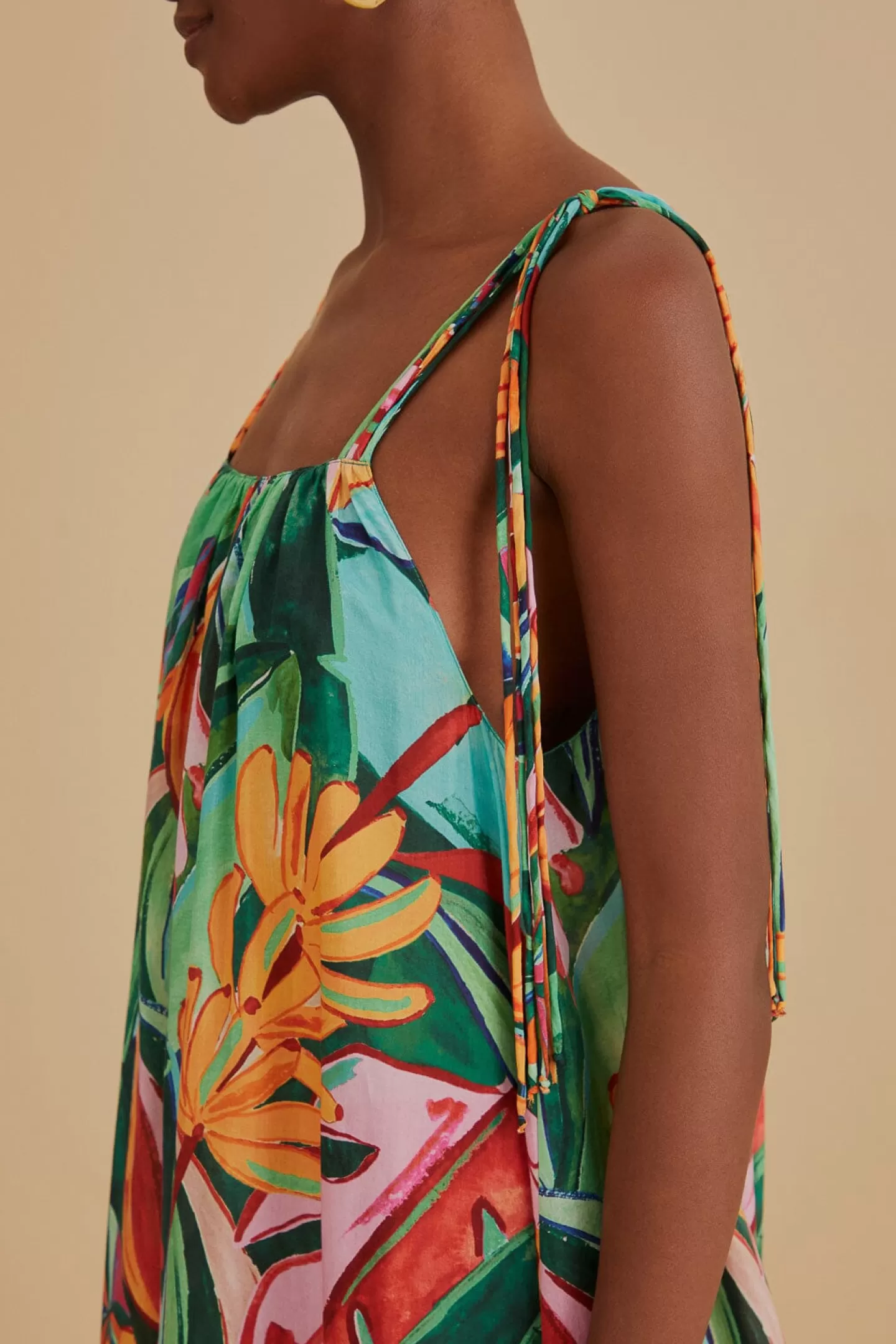 FARM Rio  MULTICOLOR BANANA FOLIAGE SLEEVELESS MIDI DRESS